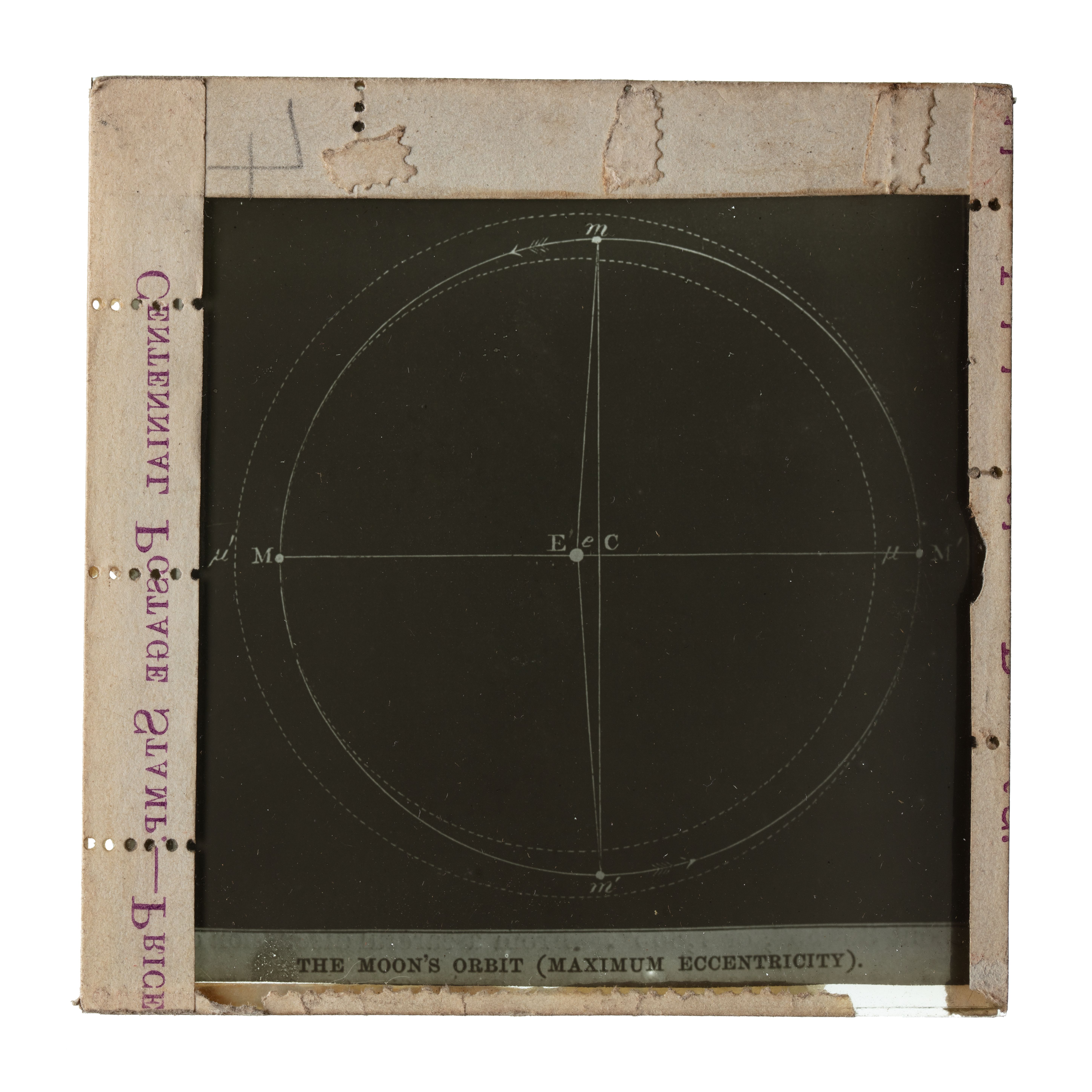 Photograph of a framed glass plate slide depicting the Moon's orbit.