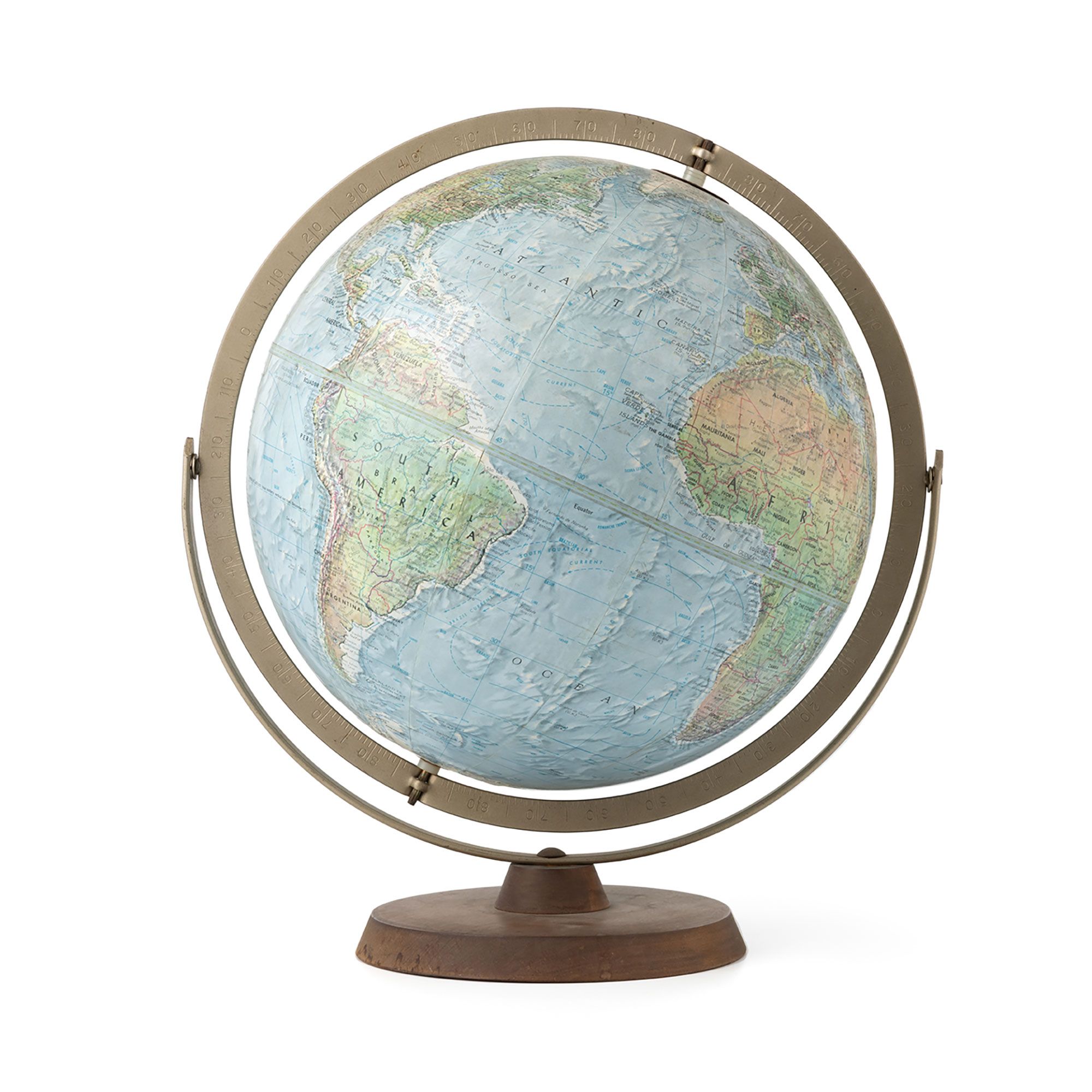 A globe of the Earth with a brass outer ring and a wooden base.
