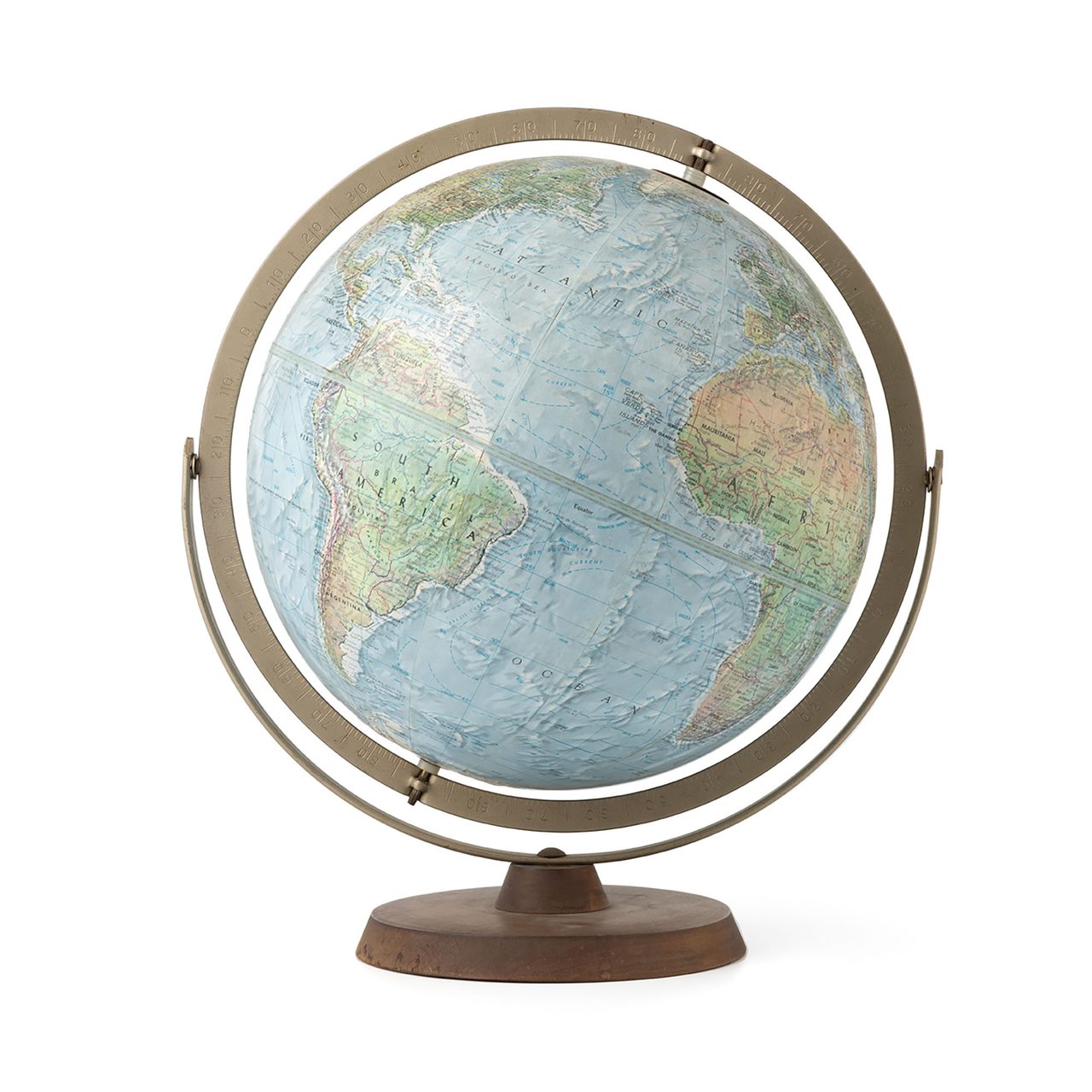 A globe of the Earth with a brass outer ring and a wooden base.