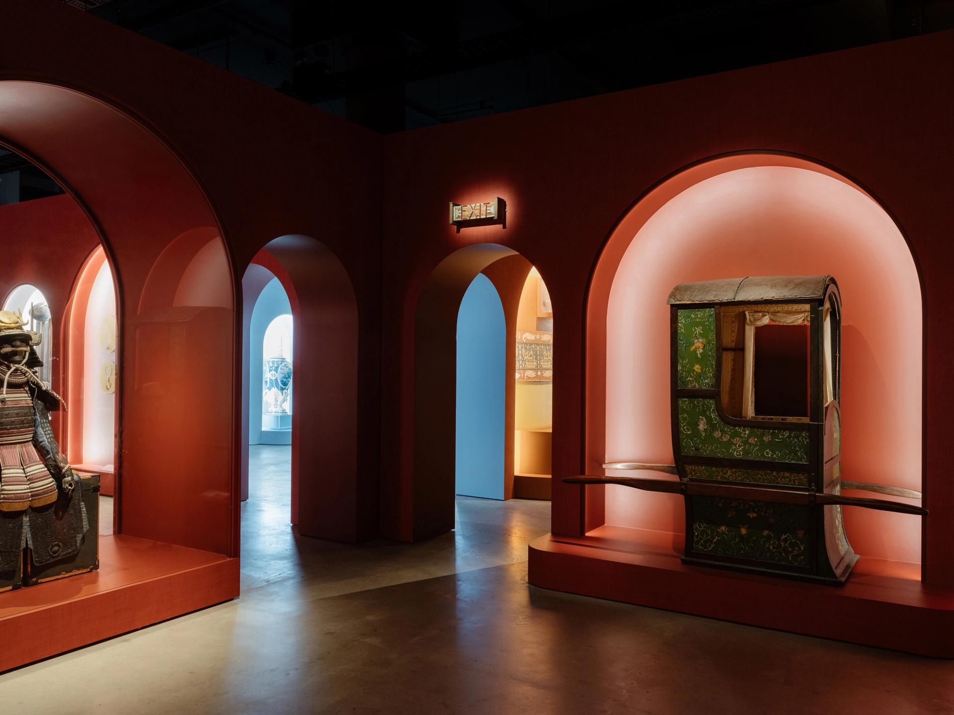 Red walled corner in exhibition.