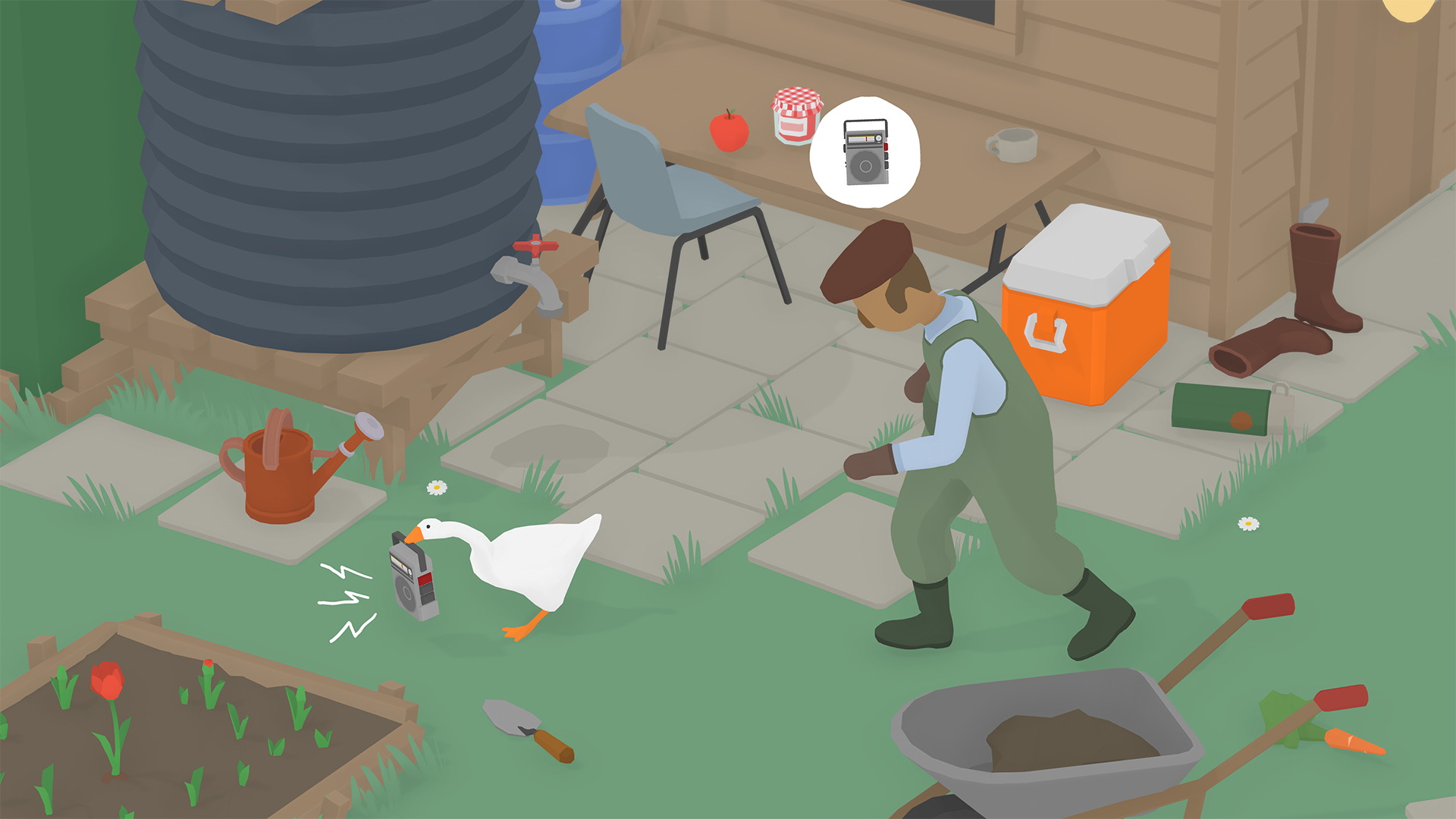 Game screenshot of man chasing a goose.