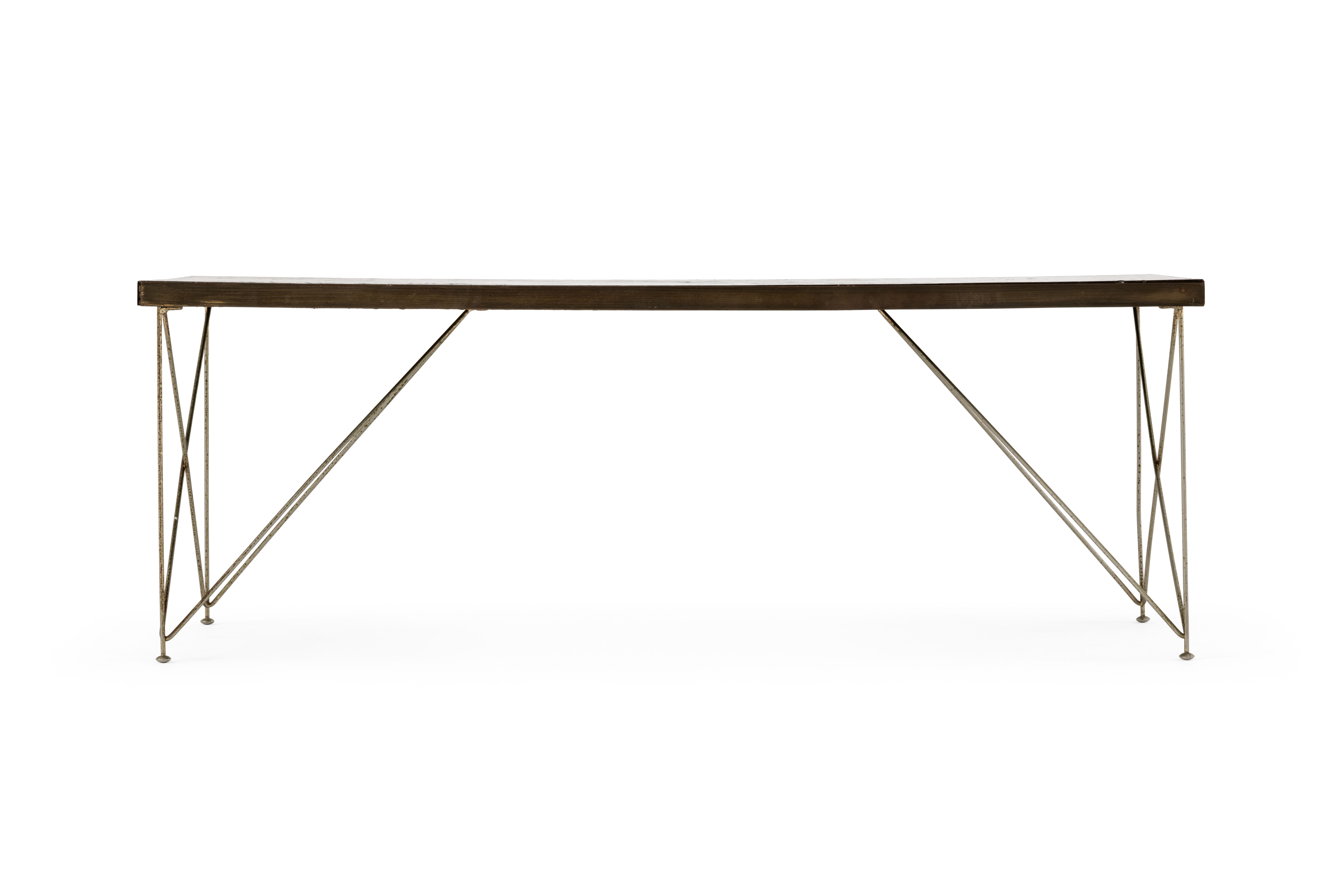 Laminex coated timber top table with steel and brass legs.