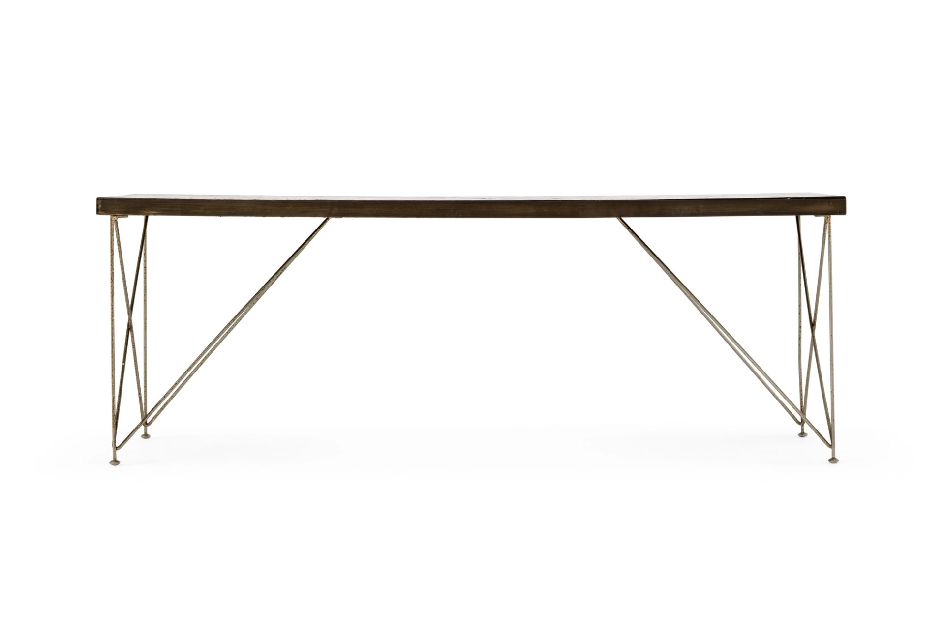 Laminex coated timber top table with steel and brass legs.