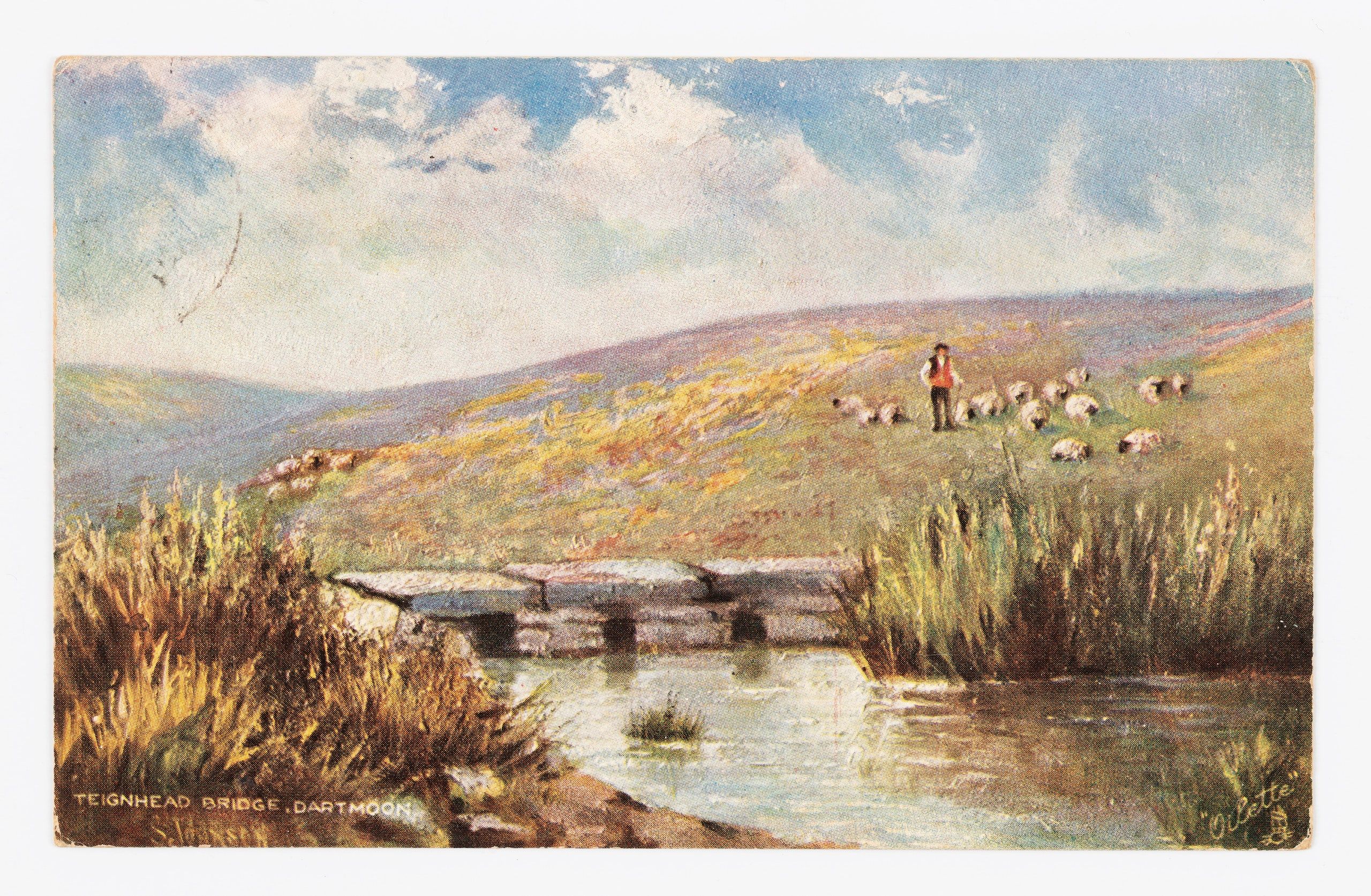 Landscape of a small bridge with sheep on the hill with their shepherd