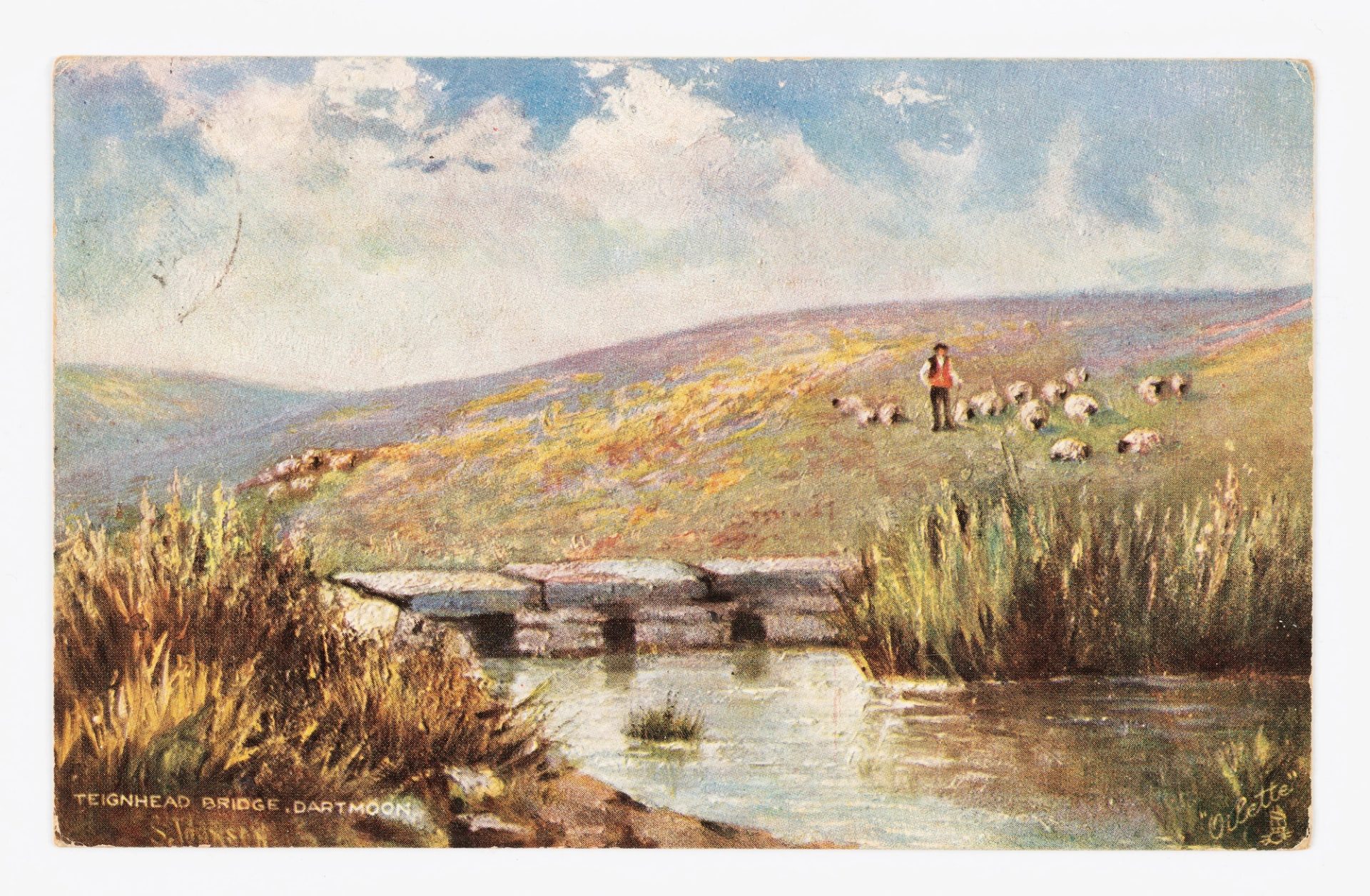 Landscape of a small bridge with sheep on the hill with their shepherd