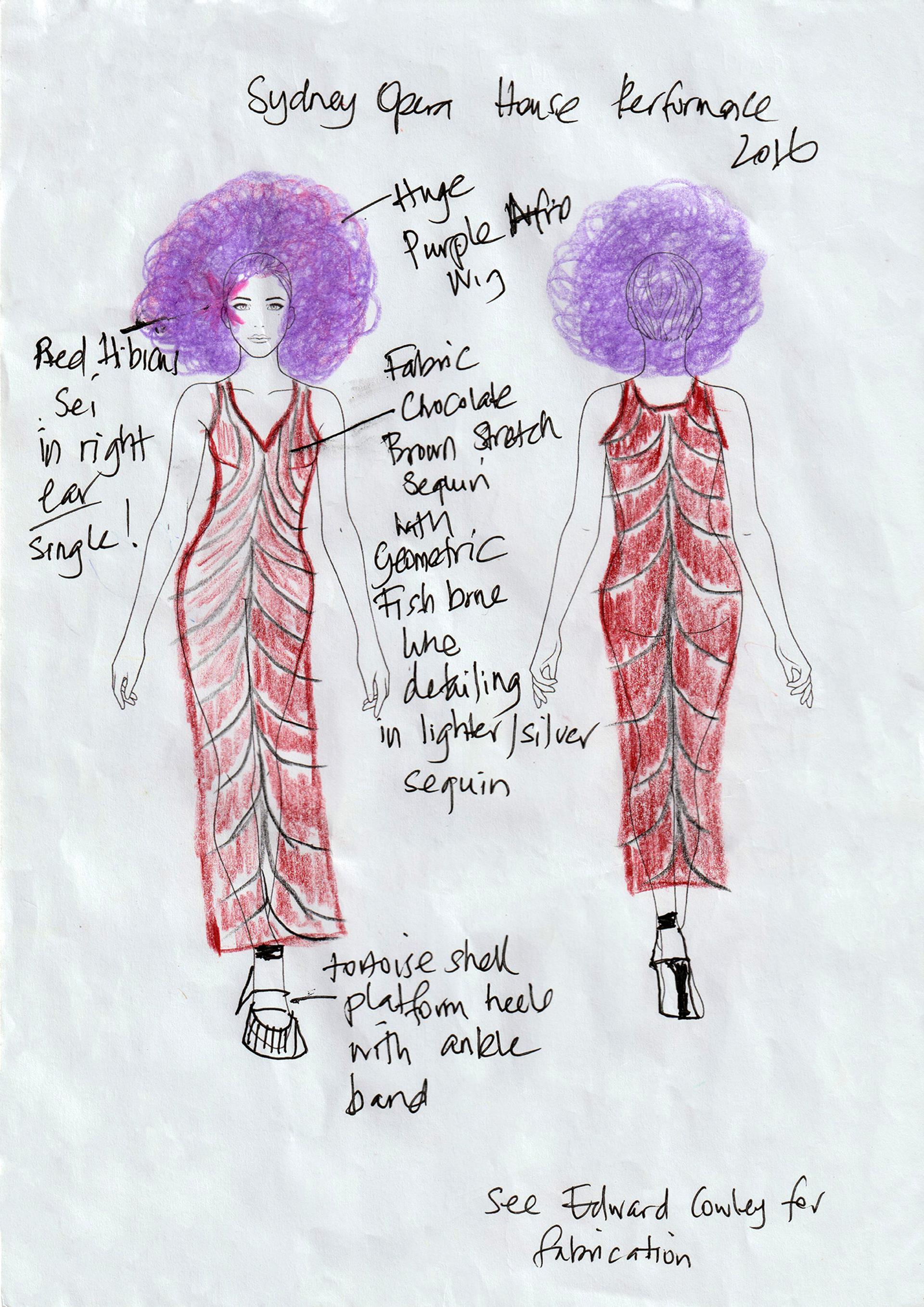 Purple wig and red geometric dress drawn on paper model