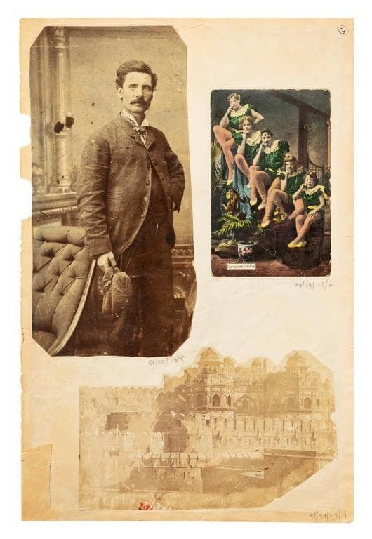 Three photos on a scrapbook page: a man in a suit standing next to a plush chair, five women in clown costumes and a cutout photo of a palace