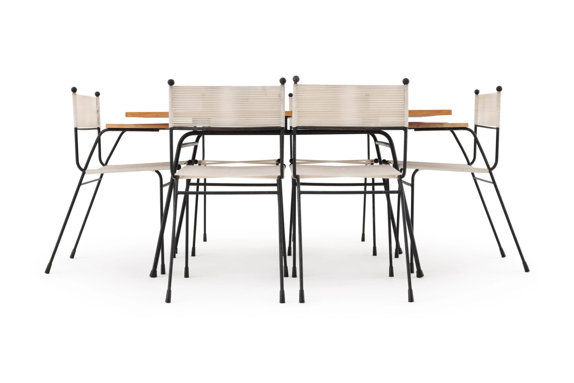 Dining table with four dining chairs and two carvers.