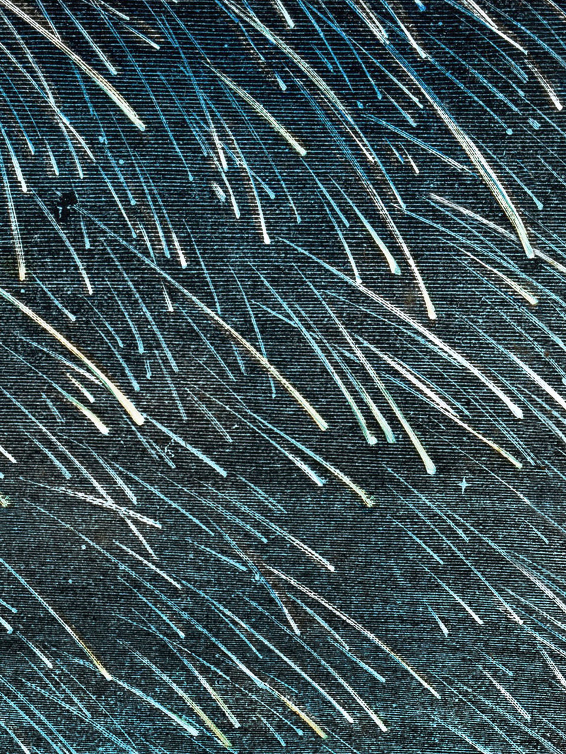 Black and blue drawing of a meteoric shower