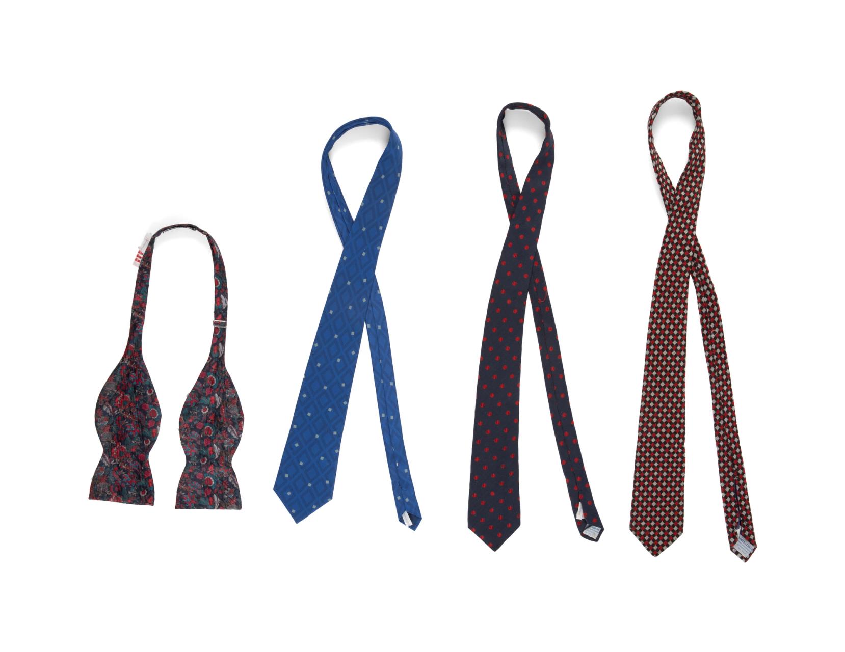 Four mens silk bow and neck ties with multi-coloured, red, blue, black and white patterns.