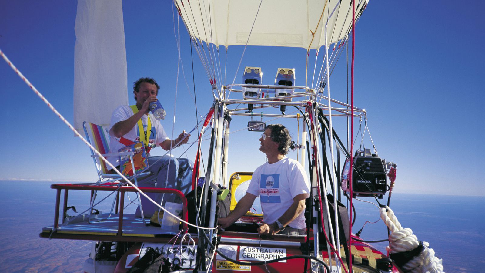 Dick Smith (right) and co-pilot John Wallington aboard their open-gondola balloon during the first non-stop balloon crossing of Australia.