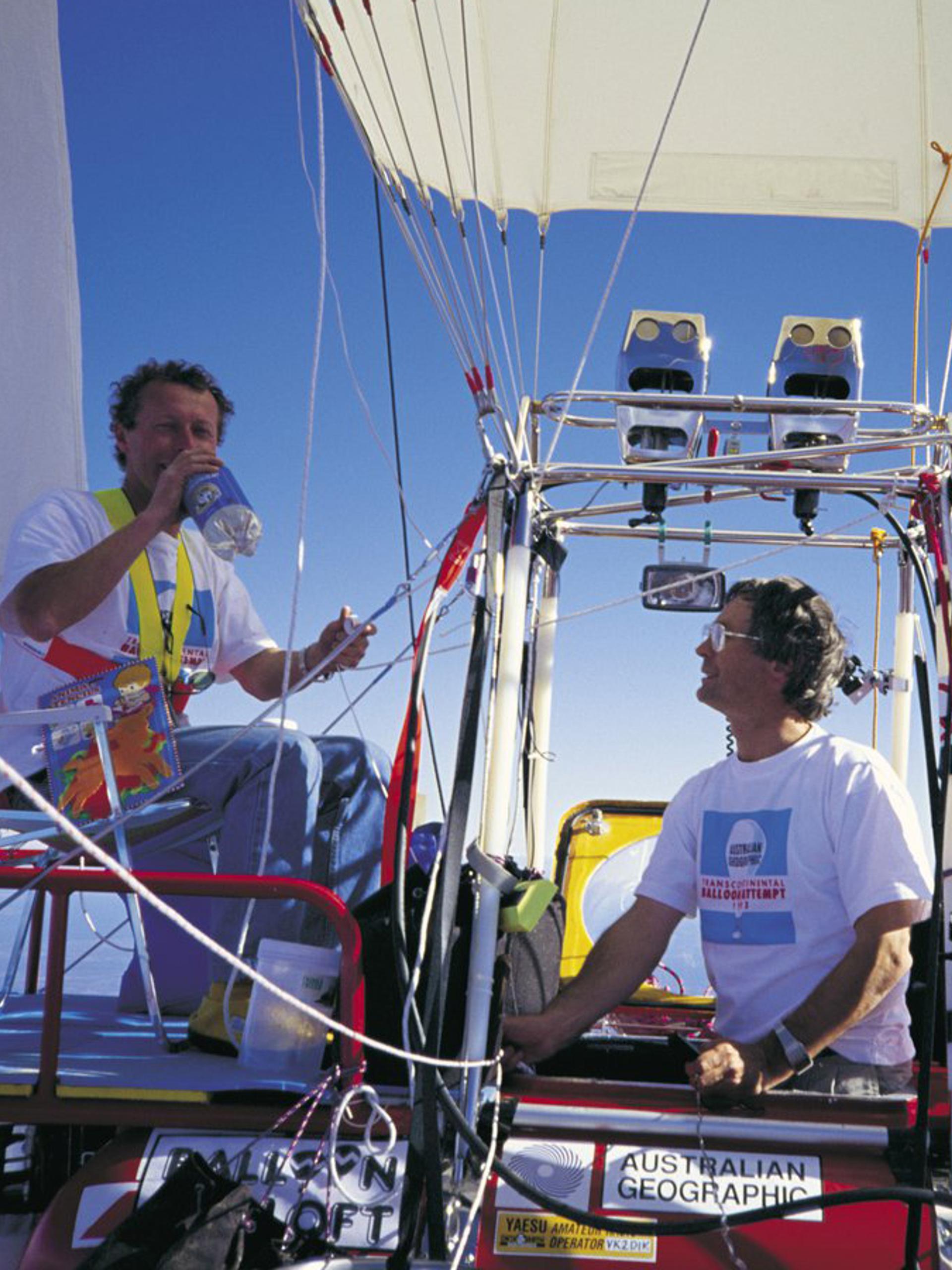 Dick Smith (right) and co-pilot John Wallington aboard their open-gondola balloon during the first non-stop balloon crossing of Australia.