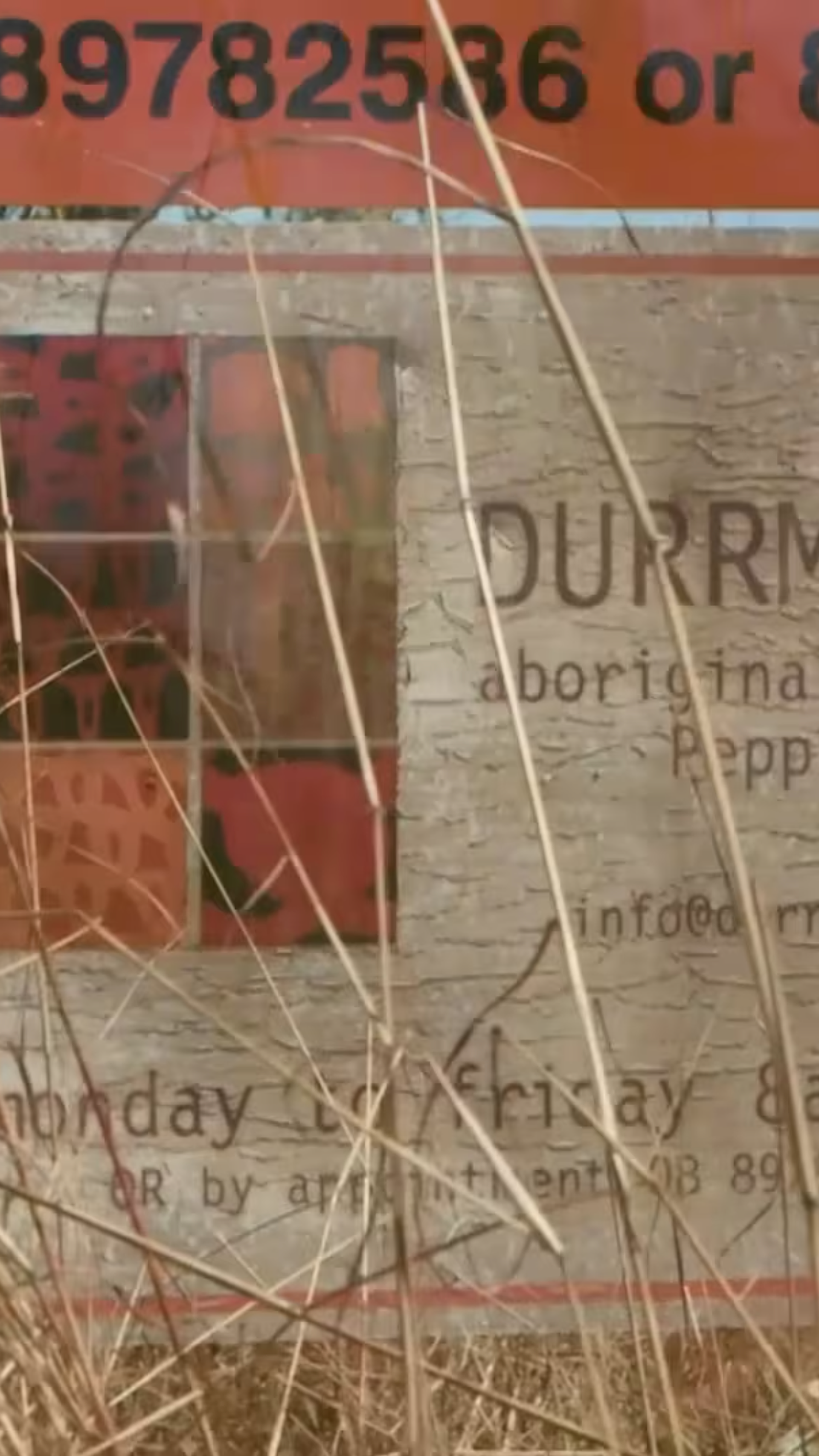 A worn rectangular sign behind long dry grass. There is a thin orange border around the sign edges. Text on the sign reads ‘DURRMU ARTS aboriginal corporation Peppimenarti info@durrmuarts.com.au monday to friday 8am-4pm OR by appointment 08 8918 1322’. On top of the sign is a longer, and thinner orange rectangle with thick black text reading ‘Ph: 89782586 or 89782134.’