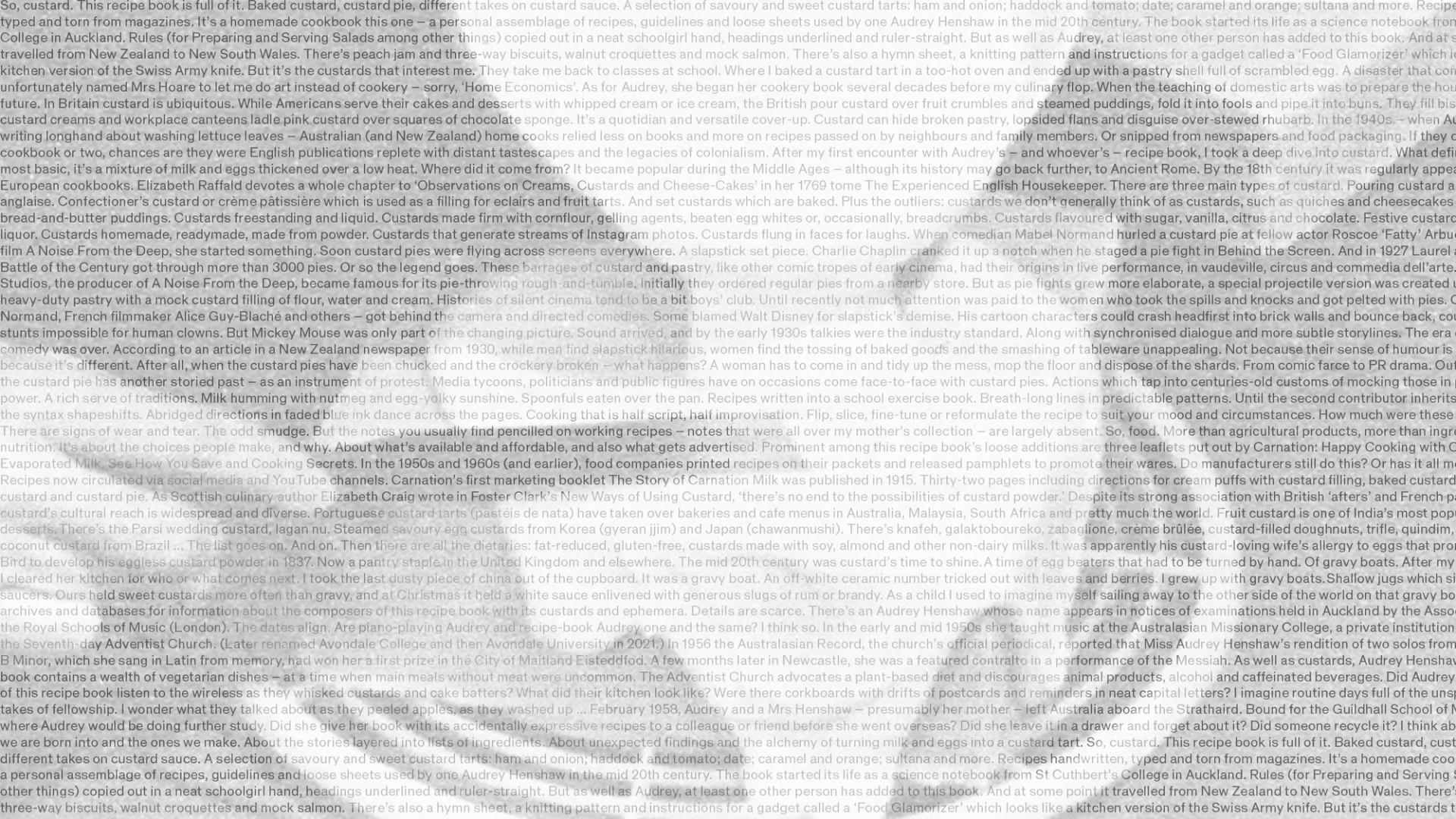 Black and white image of custard icing pouring onto a small cake with a text overlaying.