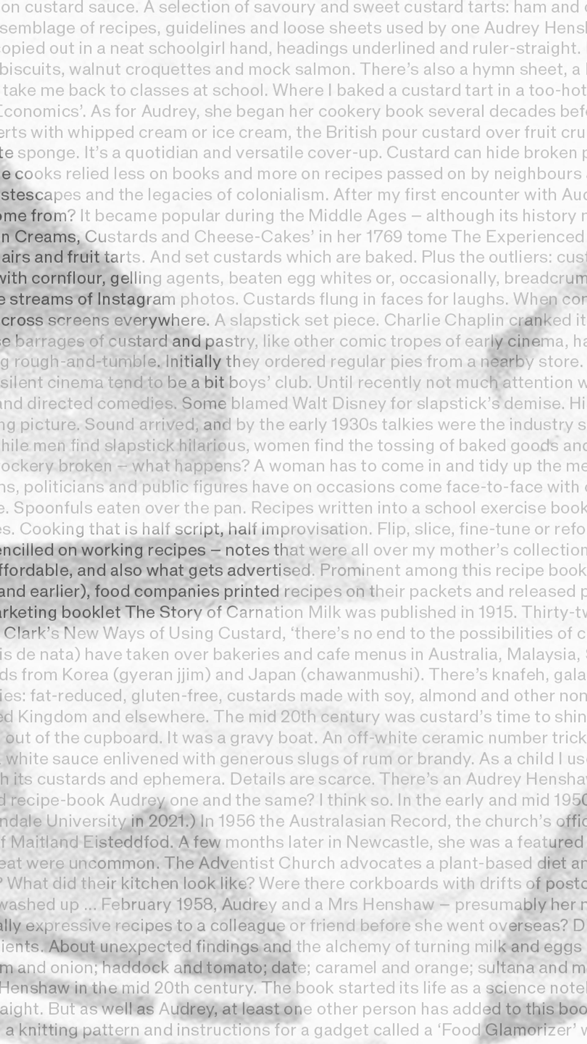 Black and white image of custard icing pouring onto a small cake with a text overlaying.