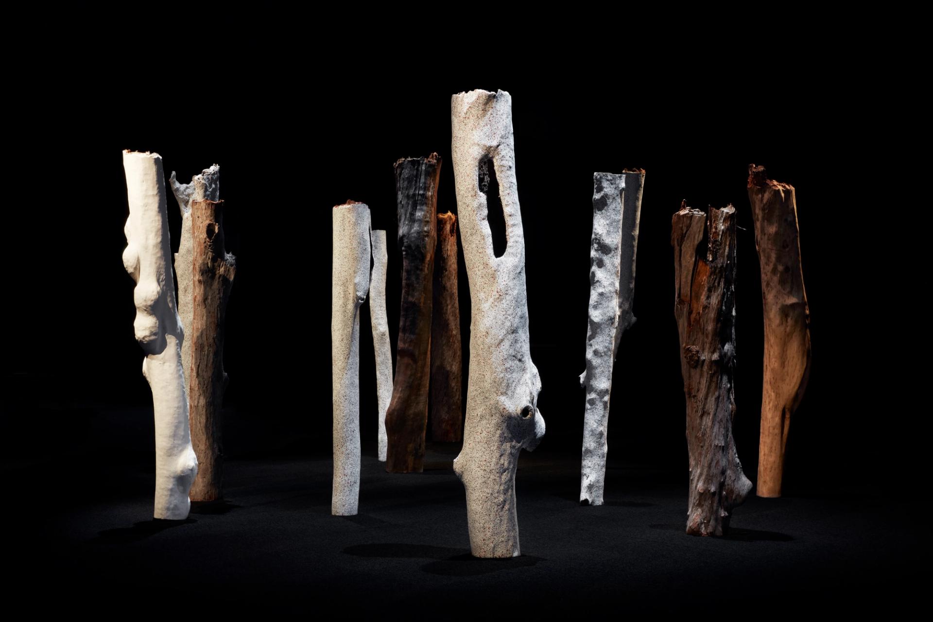 sacred painted tree trunks stand upright in a dark room