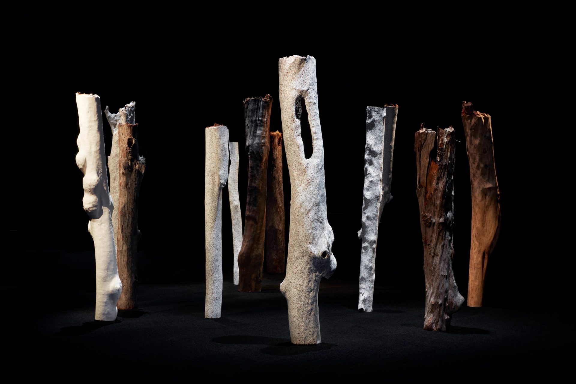 sacred painted tree trunks stand upright in a dark room