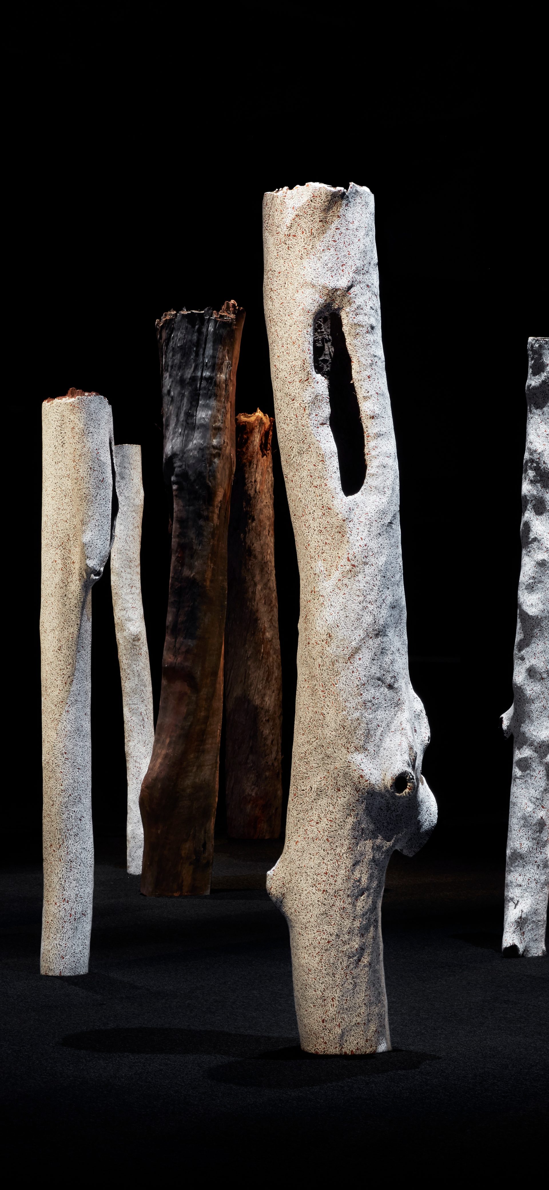 sacred painted tree trunks stand upright in a dark room