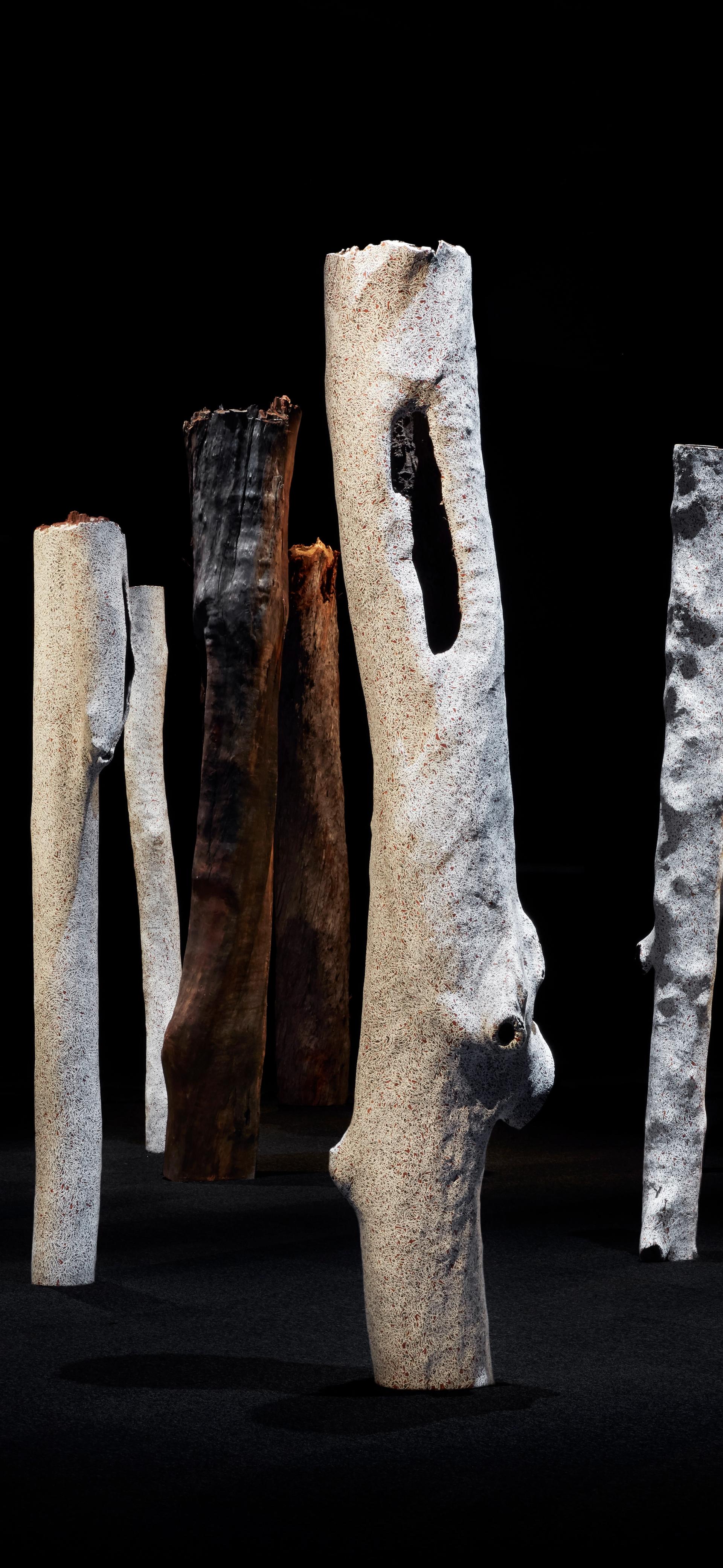 sacred painted tree trunks stand upright in a dark room