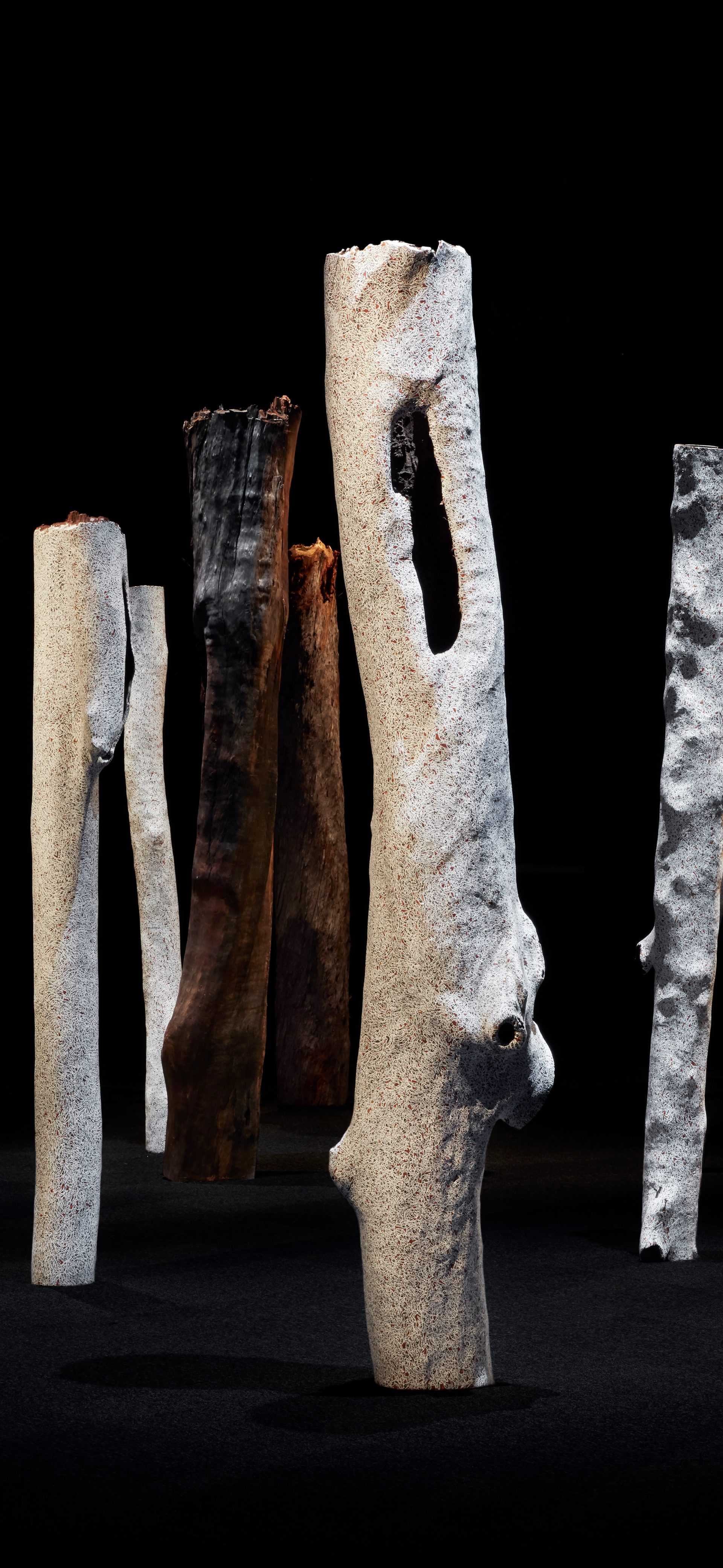 sacred painted tree trunks stand upright in a dark room