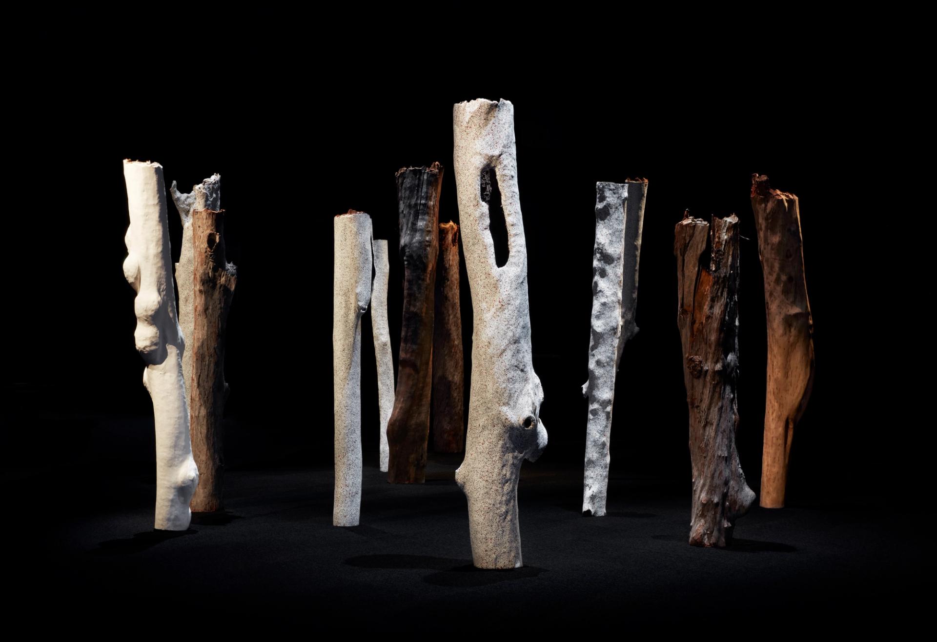 sacred painted tree trunks stand upright in a dark room