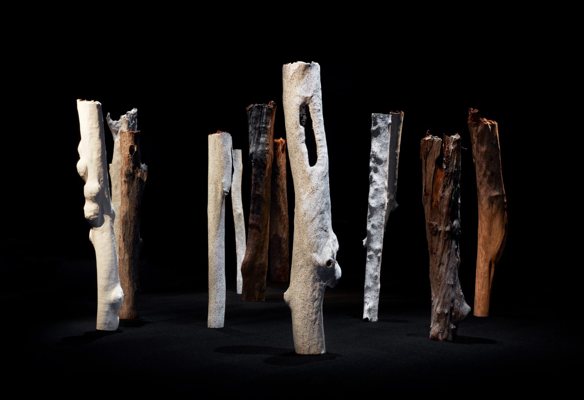 sacred painted tree trunks stand upright in a dark room