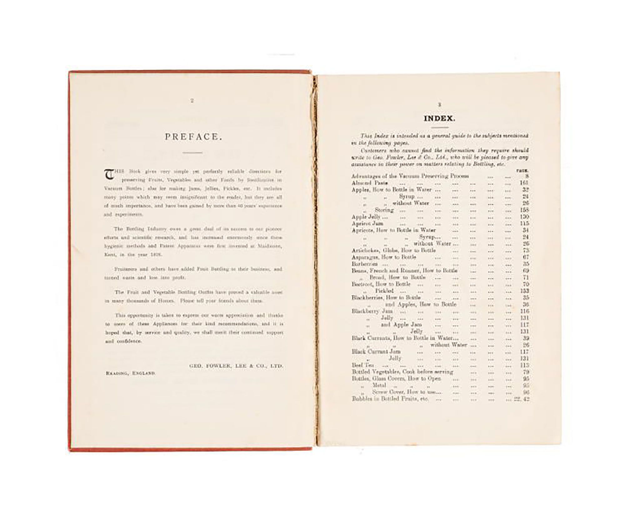 Red book, preserving/bottling instruction manual. Text on the cover reads 'REVISED EDITION. COPYRIGHT. / HOW TO BOTTLE / Fruit, Vegetables, / Chicken, Game, / Tomatoes, &c., &c. / HOW TO MAKE / Jams and Jellies, / Fruit Wines, . . / Pickles, Icing, &c. / By GEO. FOWLER, F.R.H.S'.
