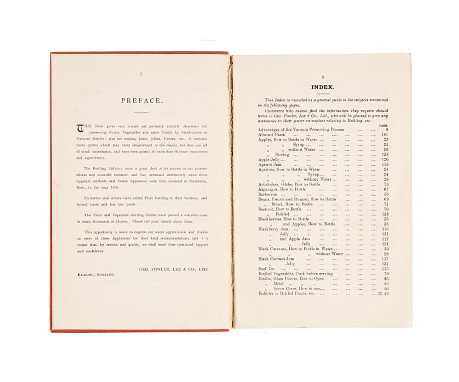 Red book, preserving/bottling instruction manual. Text on the cover reads 'REVISED EDITION. COPYRIGHT. / HOW TO BOTTLE / Fruit, Vegetables, / Chicken, Game, / Tomatoes, &c., &c. / HOW TO MAKE / Jams and Jellies, / Fruit Wines, . . / Pickles, Icing, &c. / By GEO. FOWLER, F.R.H.S'.