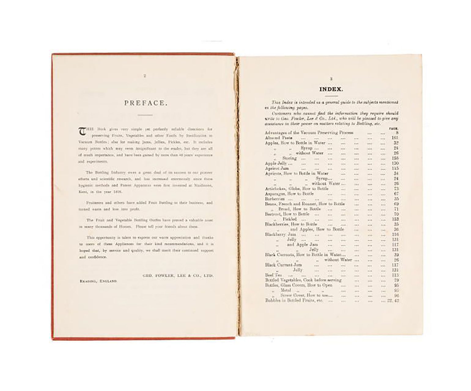 Red book, preserving/bottling instruction manual. Text on the cover reads 'REVISED EDITION. COPYRIGHT. / HOW TO BOTTLE / Fruit, Vegetables, / Chicken, Game, / Tomatoes, &c., &c. / HOW TO MAKE / Jams and Jellies, / Fruit Wines, . . / Pickles, Icing, &c. / By GEO. FOWLER, F.R.H.S'.