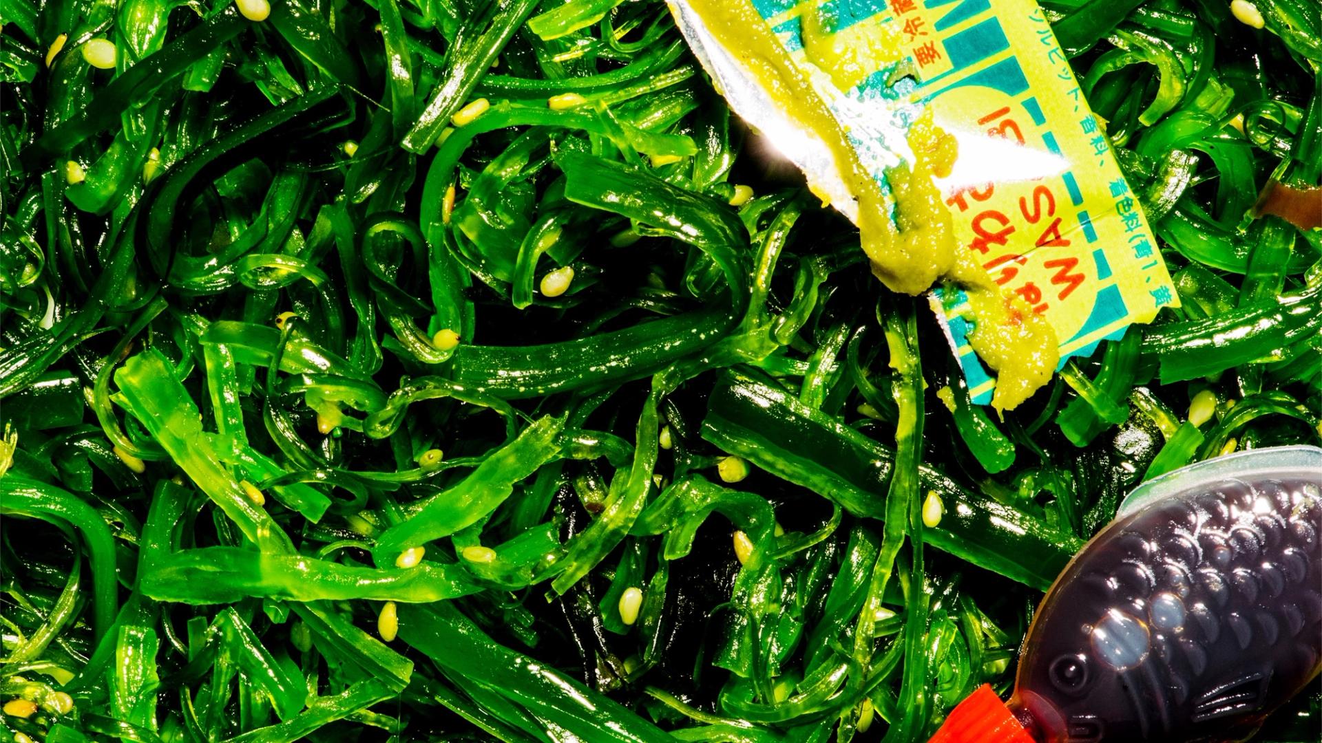 Seaweed, wasabi packet and soy sauce fish.