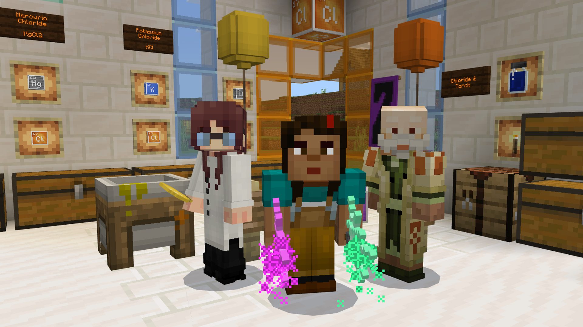 Minecraft characters standing in a brick room.