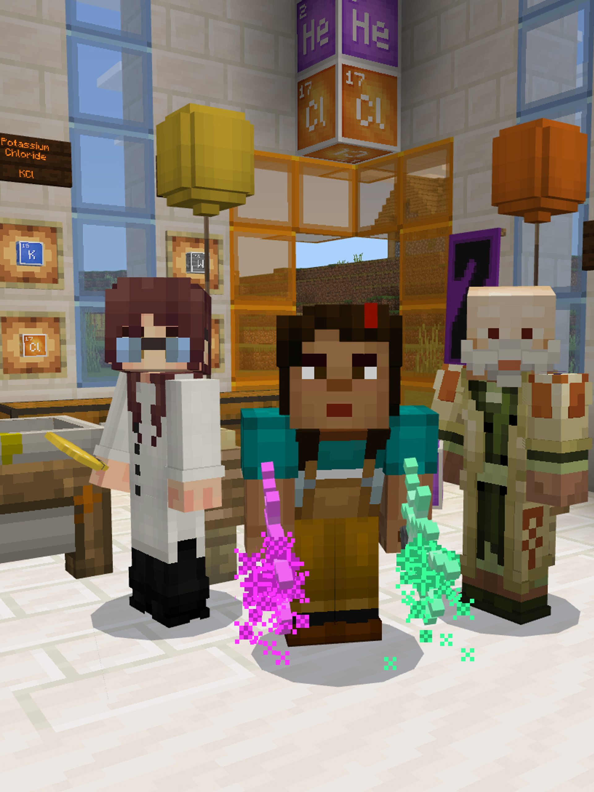 Minecraft characters standing in a brick room.