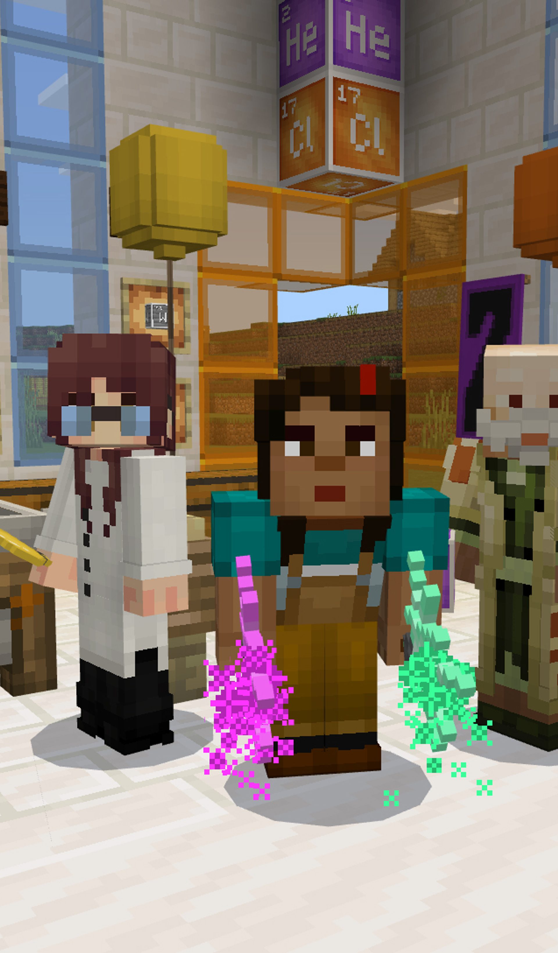 Minecraft characters standing in a brick room.