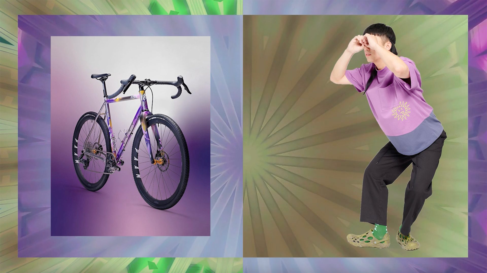 On the left hand side is a purple bike, on the right hand side is a person wearing a purple shirt, black pants and olive coloured shoes making the shape of a telescope out of their hands.