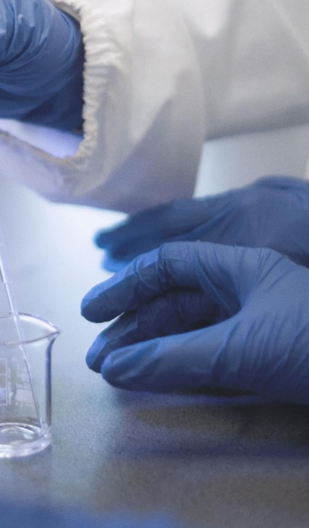 Scientist wearing blue gloves uses pipet during an experiment.