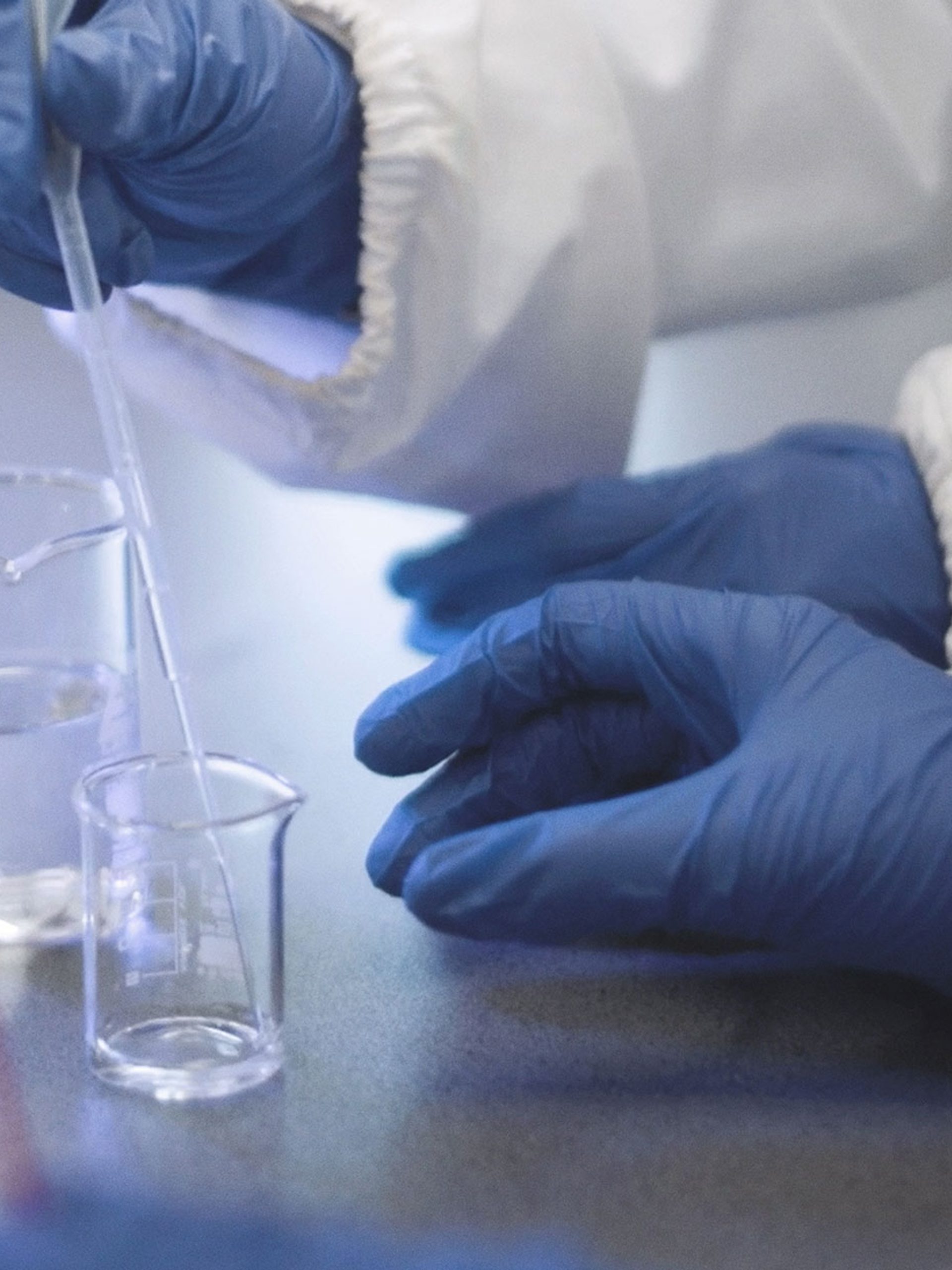 Scientist wearing blue gloves uses pipet during an experiment.