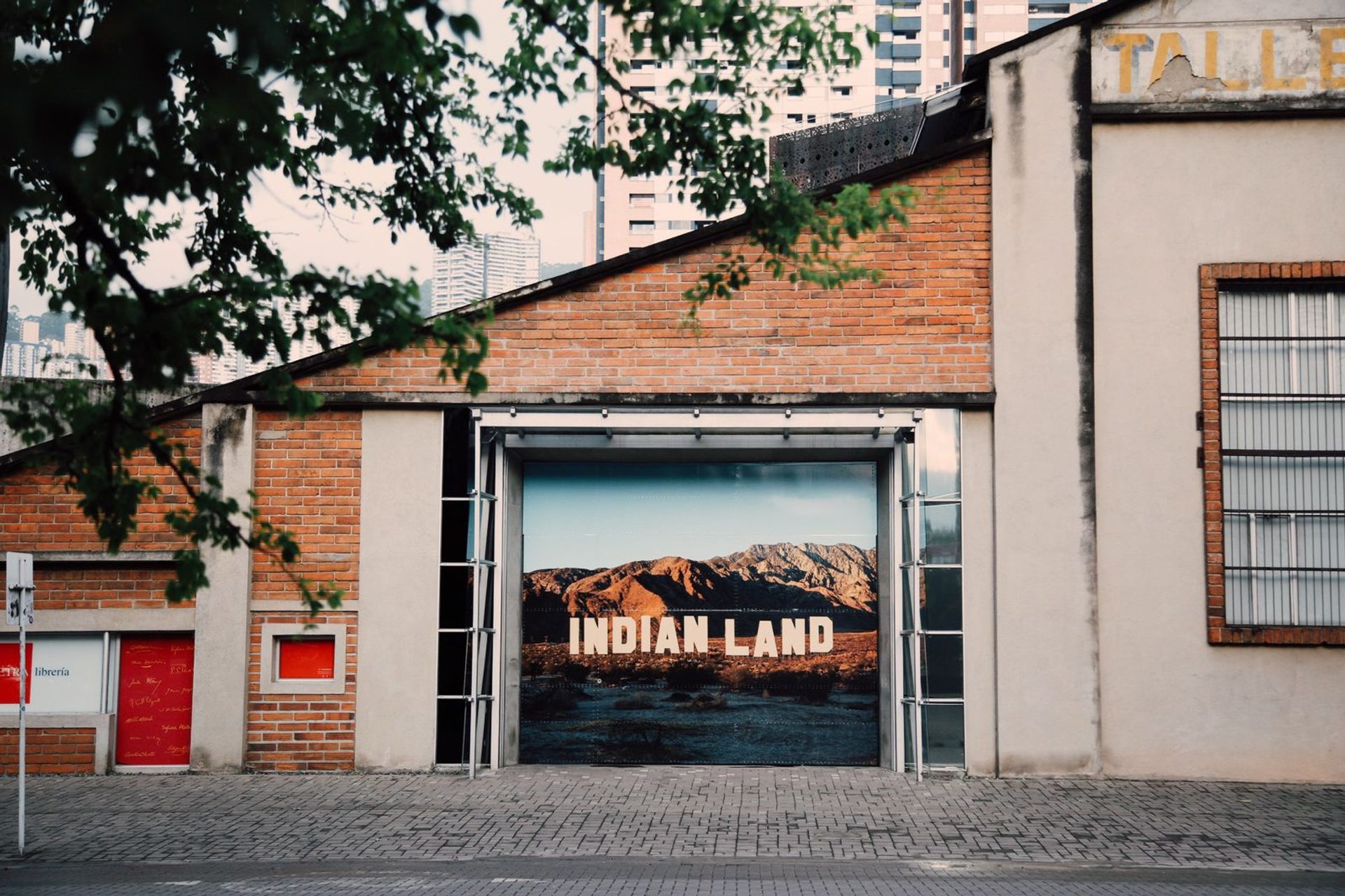 Warehouse door with Indianland signage installed
