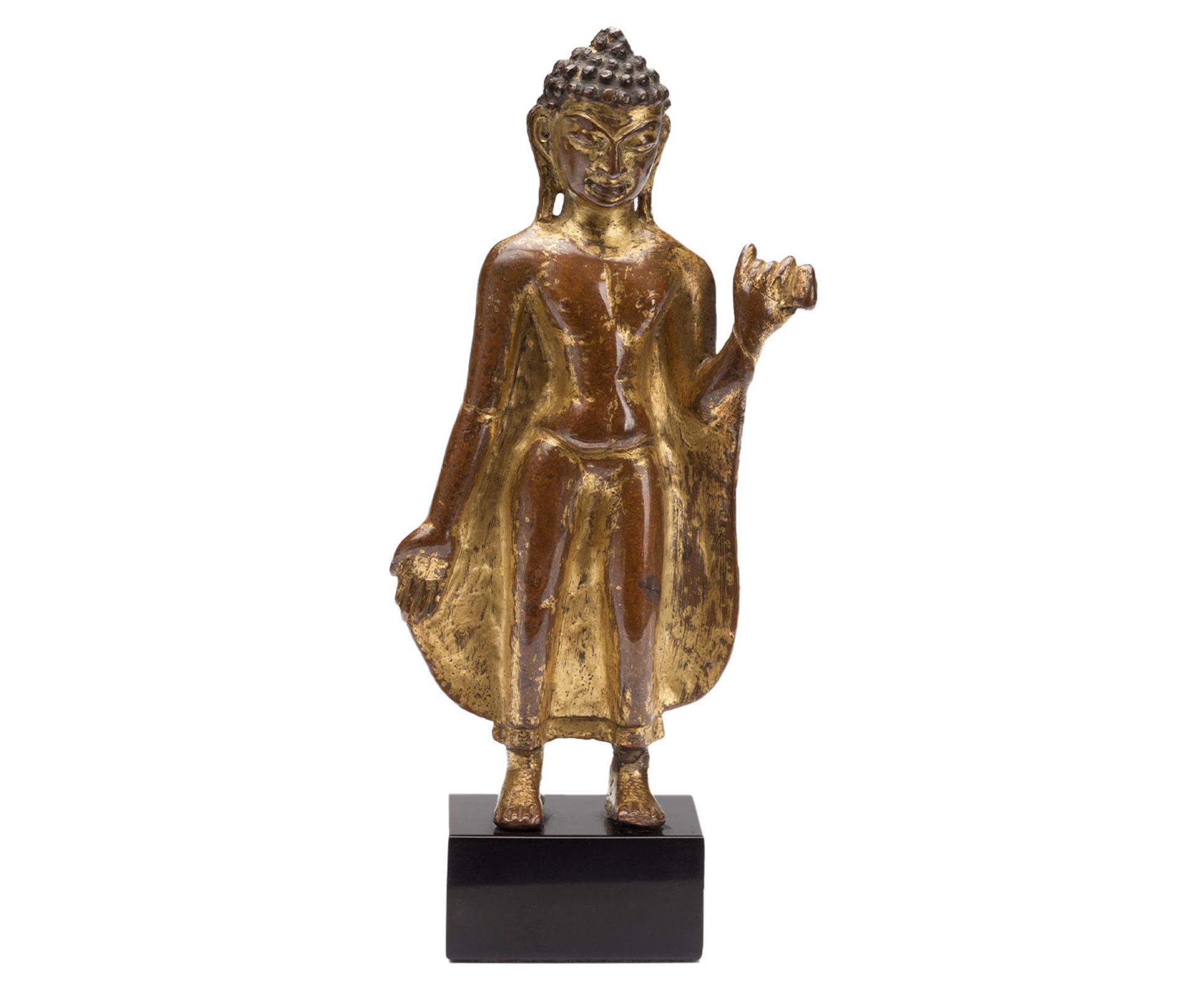 Figure, of Buddha Sakyamuni, copper / stone / textile, Nepal, 800s–900s, base is of unknown later date