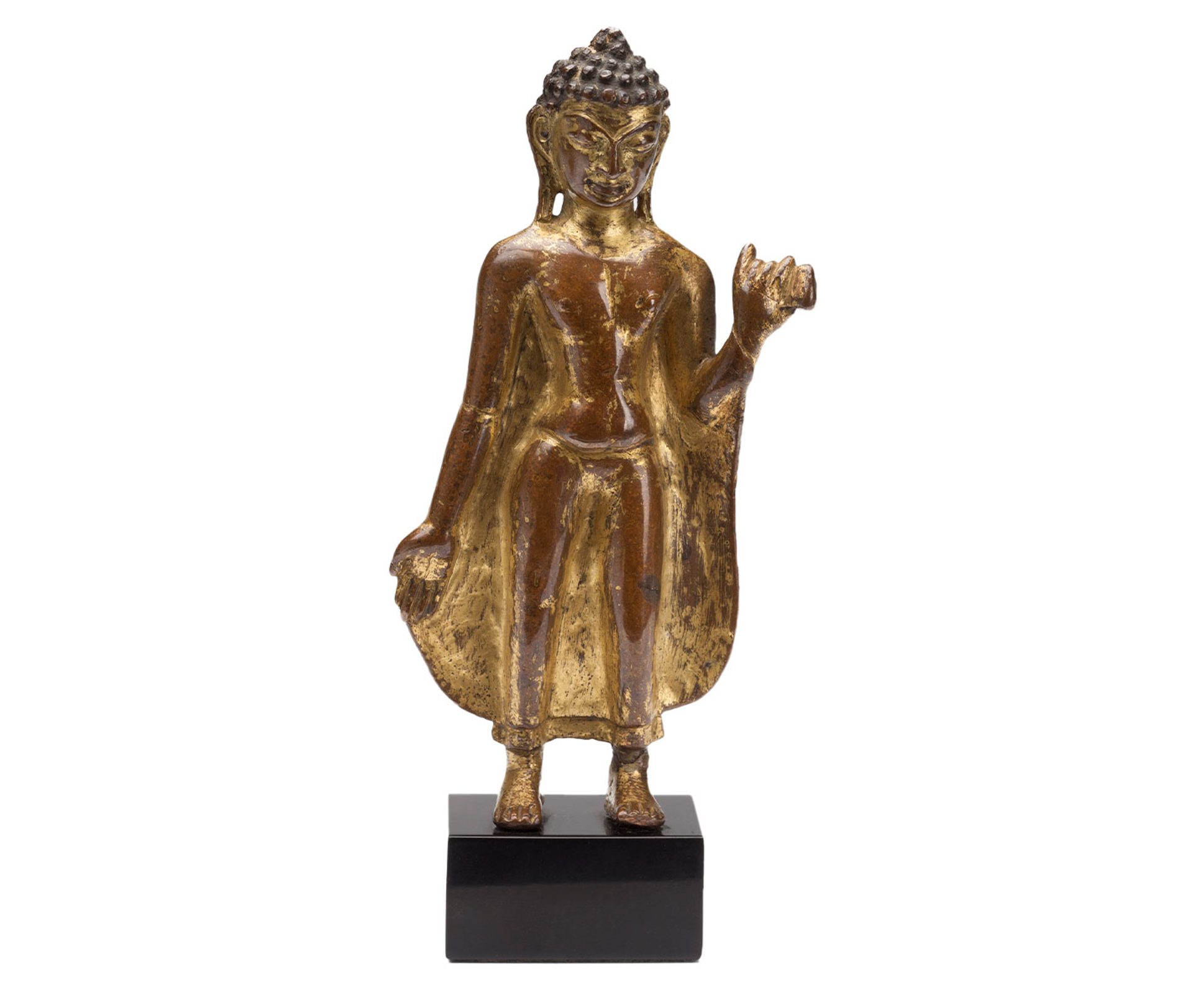 Figure, of Buddha Sakyamuni, copper / stone / textile, Nepal, 800s–900s, base is of unknown later date
