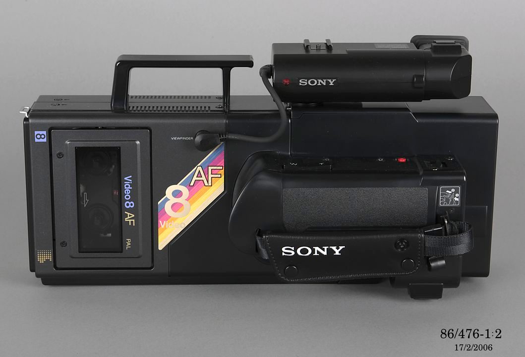 Sony brand 1984 model video camera. Black with Sony branding in white.