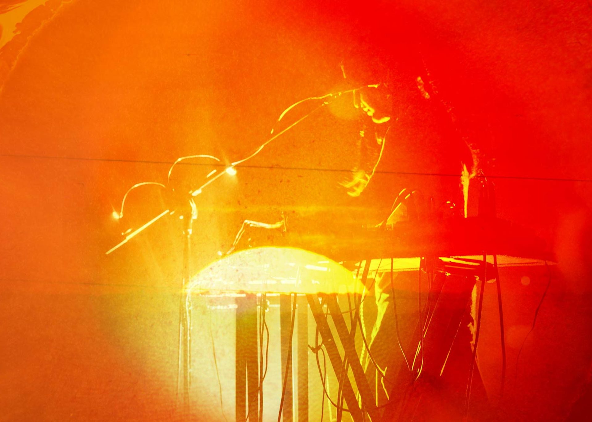 Photo bashed motion image with bright orange sunsets and natural textures over a silhouette of musician Aarti Jadu.