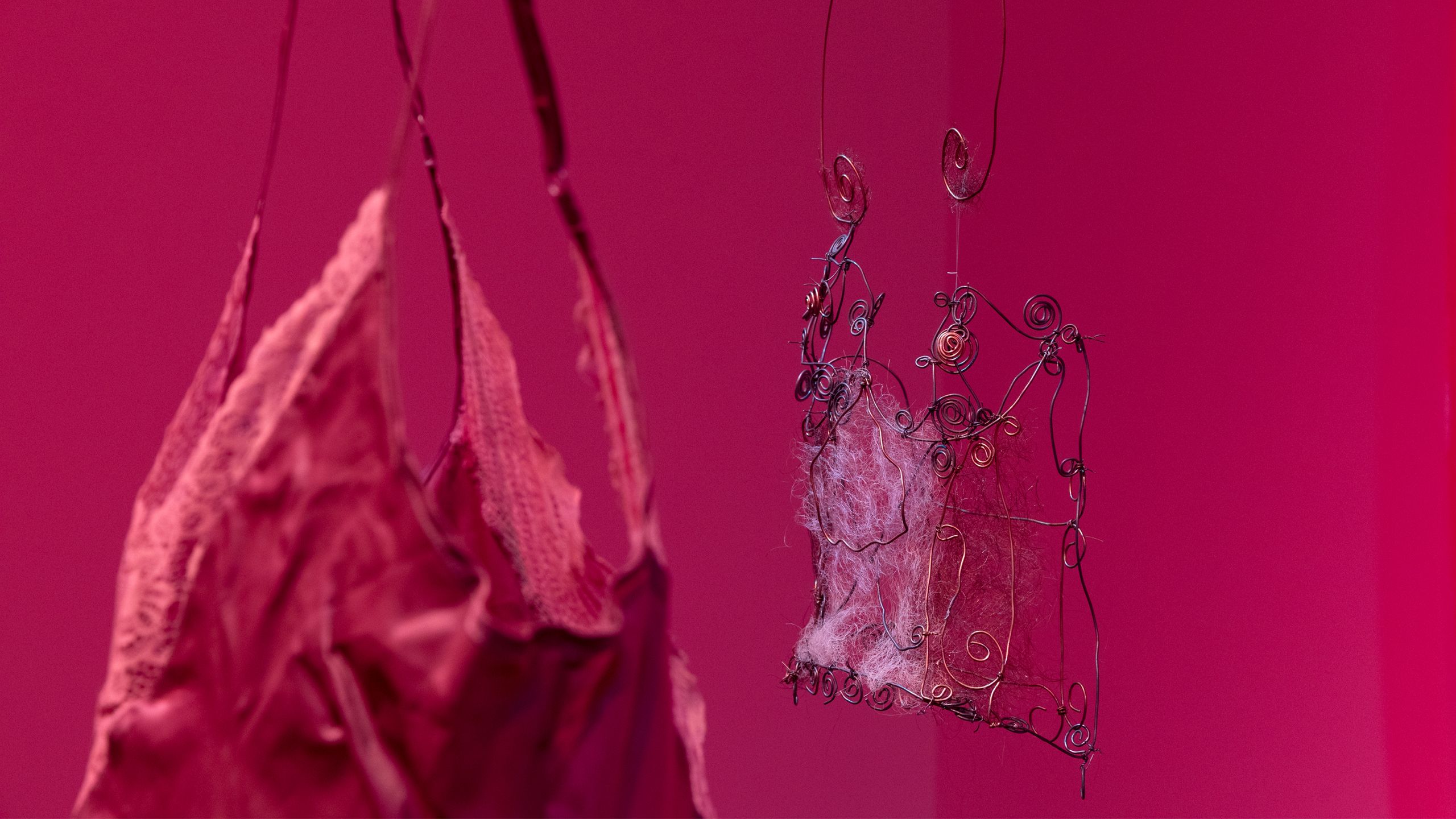 A close-up of We Are Studios artist Rebecca Gentz Sciroli’s In the shape of her absence, honouring women lost to domestic violence and drawing on her lived experience as a survivor. In deep pink-red light, a delicate wire corset woven with human hair from three generations of Rebecca’s family of women hangs in focus on the right, while part of a mauve satin corset-slip appears softly out of focus on the left.