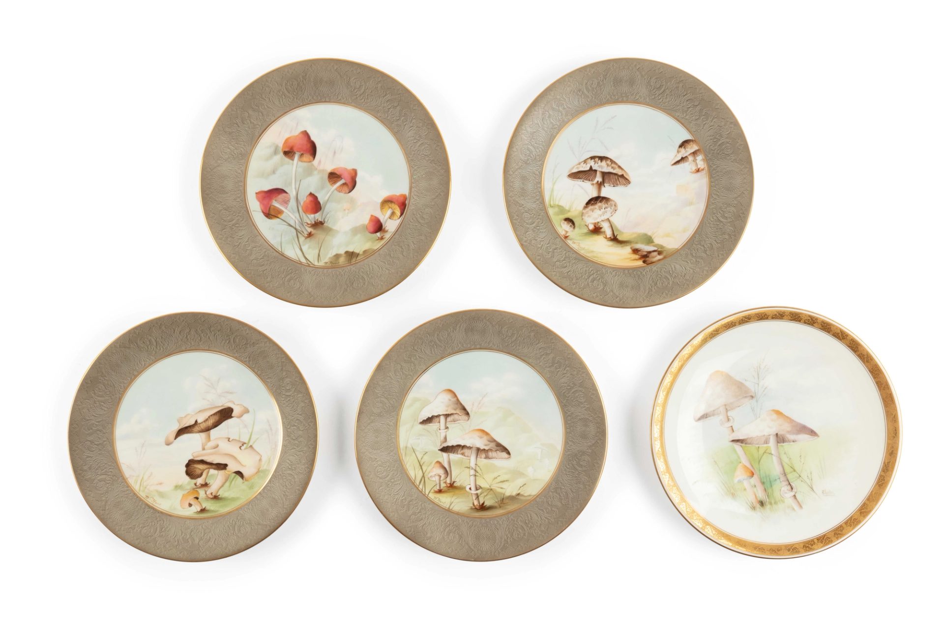 Five porcelain plates, each depicting a different variety of mushroom.
