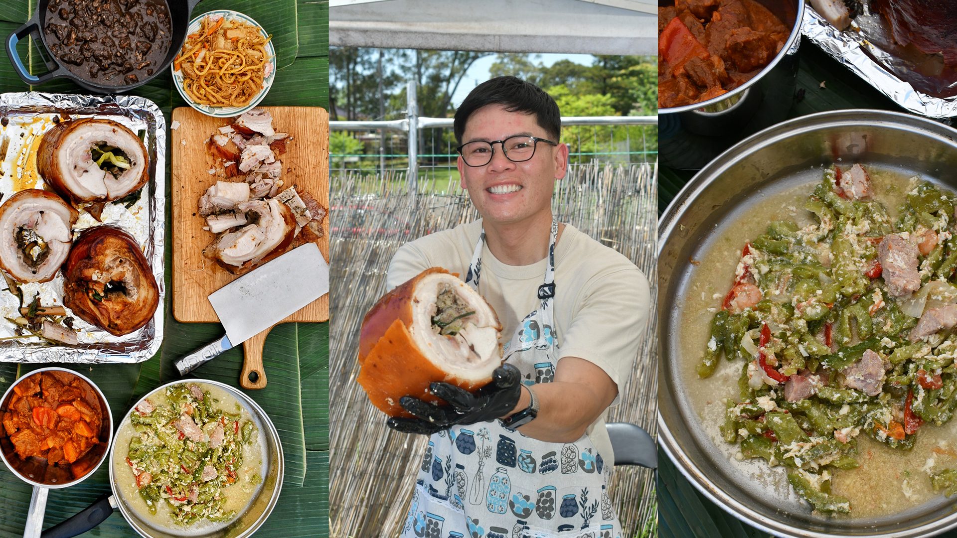 Triptych featuring flat lay of assorted dishes from Sydney Cebu Lechon, Sydney Cebu Lechon owner Will Mahusay and a put of Ampalaya.