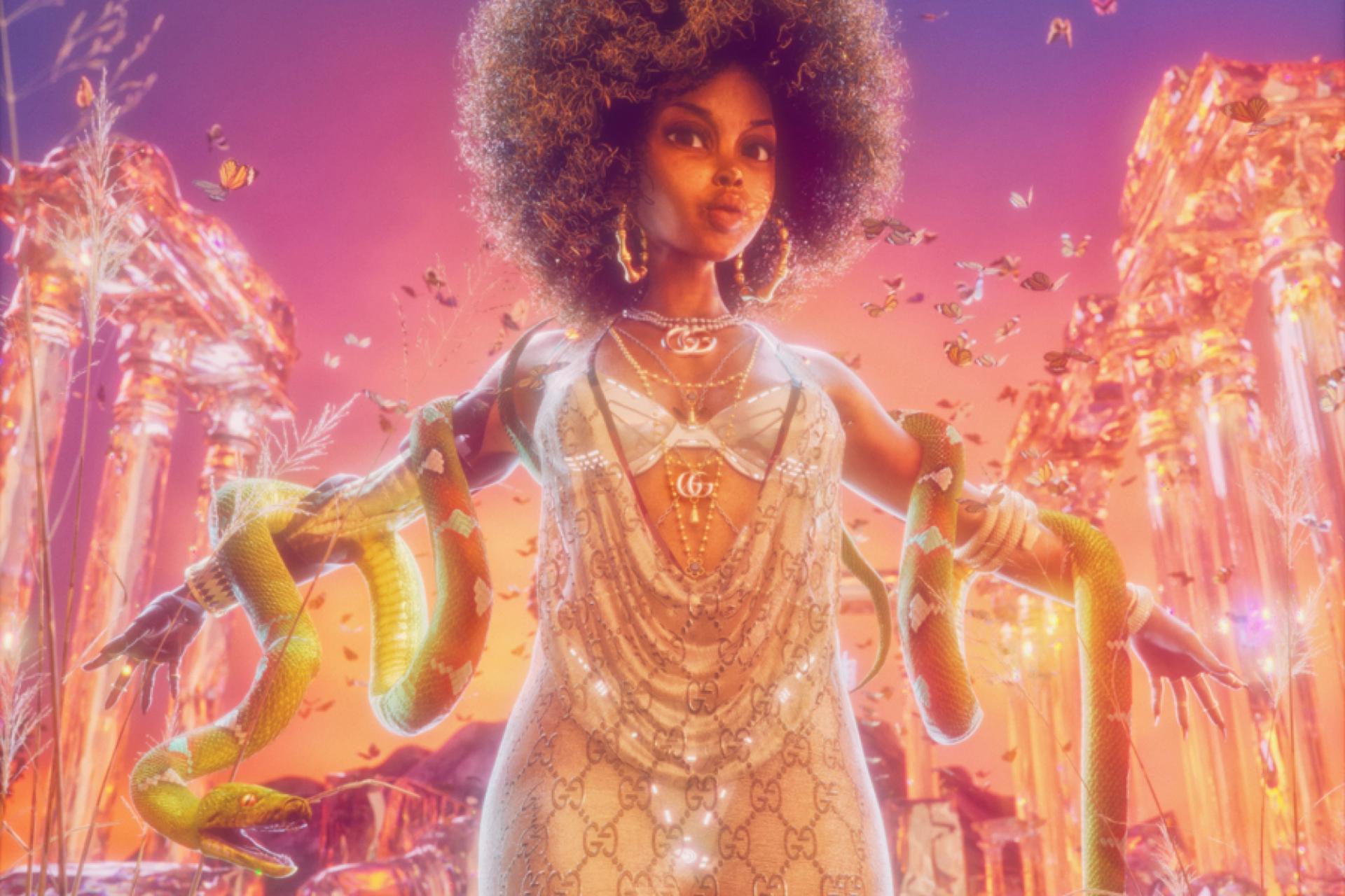 A woman with an afro wearing a transparent dress, white bra and underwear, and a gold chain around her neck. Her arms are extended and a yellow snake glides over her right arm.