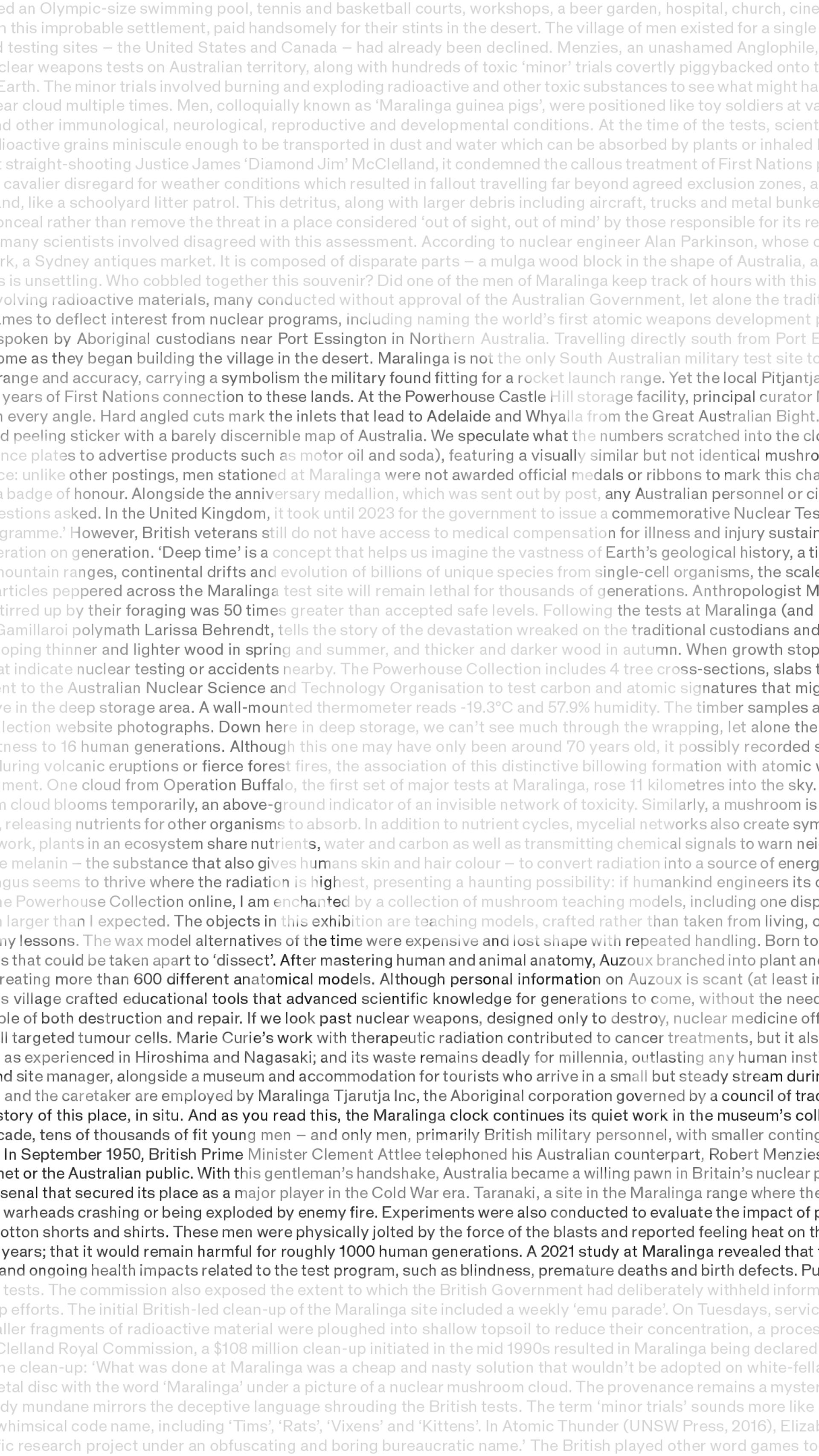 Black and white image of a fungus mushroom model made of papier-mâché with text overlaying.