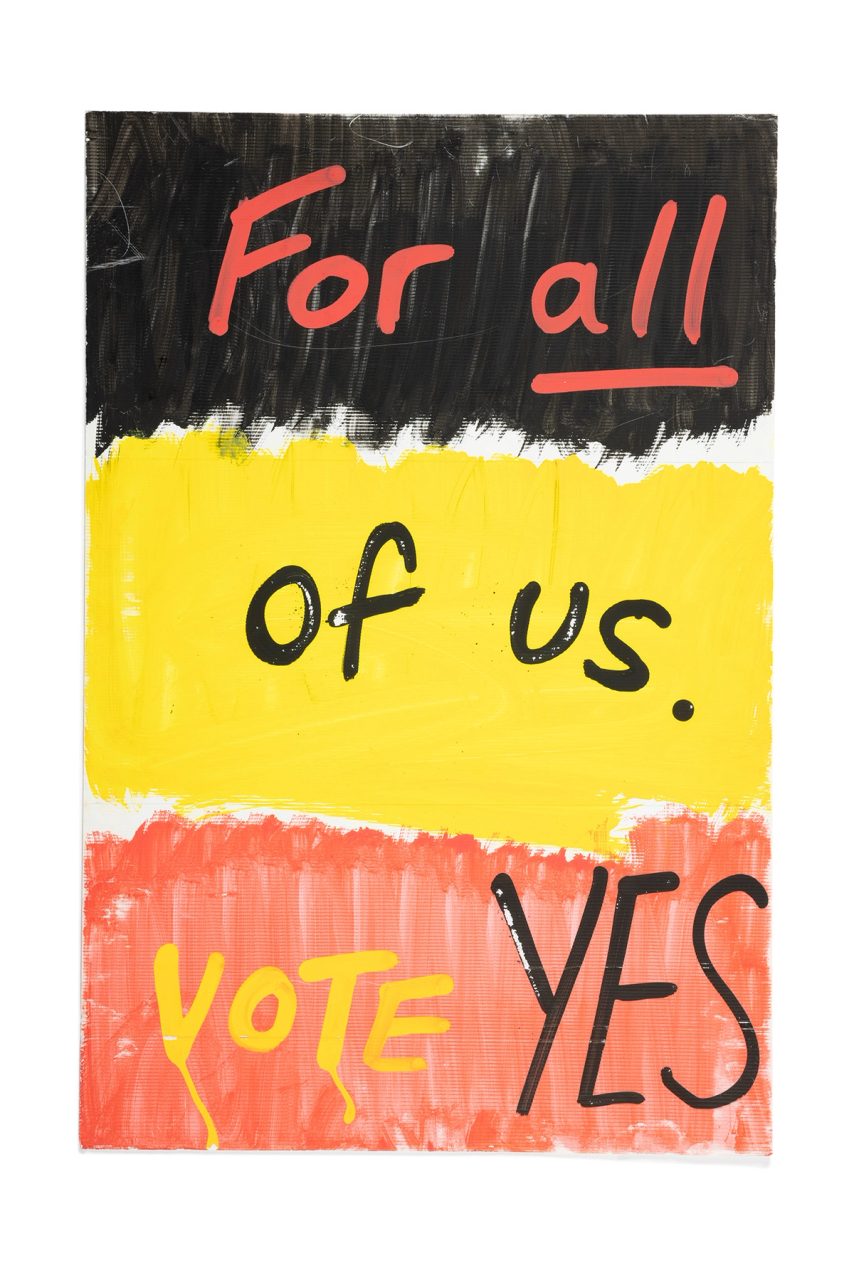 'For All of Us Vote Yes' placard for Voice referendum