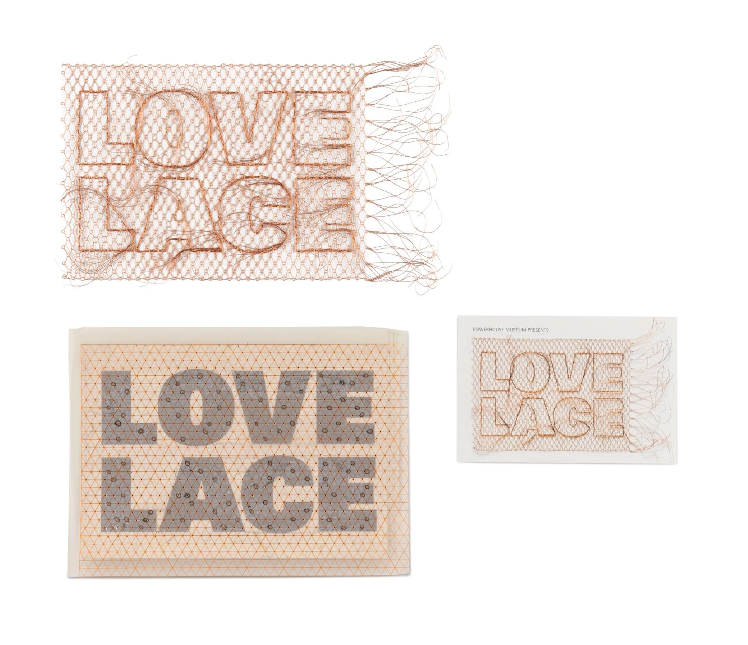 Lace panel, bobbin lace technique, made of copper wire, rectangular in shape it includes the text 'LOVE / LACE' in bold font. The design is a diamond grid with a pattern of small holes at the intersection of the grid lines. Occasional larger holes are included within the letters of the text. The letters are outlined by a bundle of copper wire which is interwoven with the wires in the grid and the ends of these wires are left untrimmed, as are the finishing wires of the body of the lace in the right side of the panel.