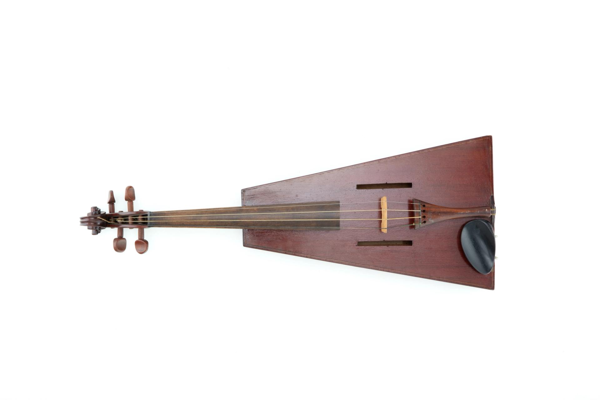 Violin with long trapezoid body; one-piece back; red varnish; dark brown wooden neck and tuning pegs; rectangular sound holes.