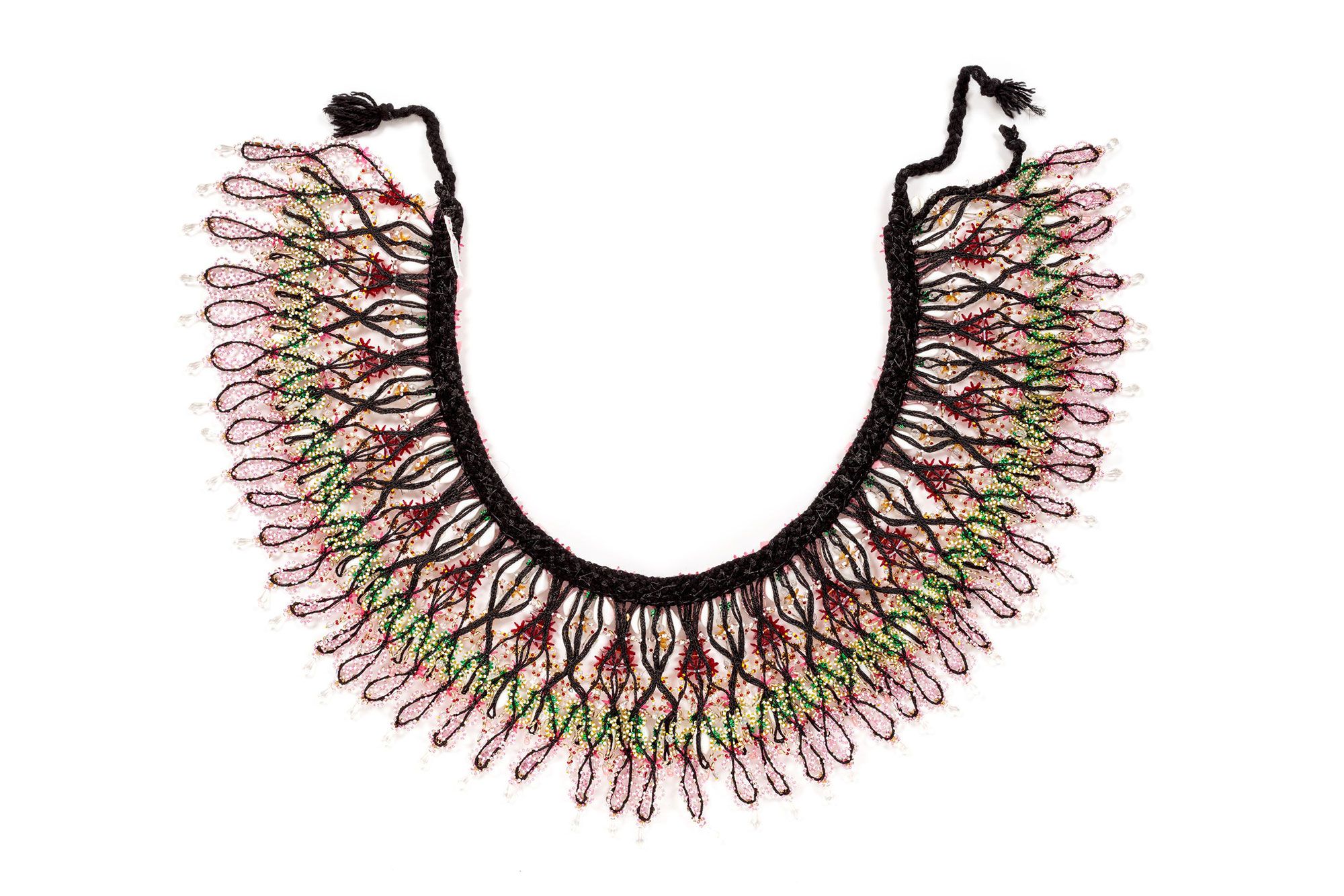 Black synthetic, plaited-braid, waistband with six bands of layered, threaded ornament consisting of a variety of coloured ornaments.